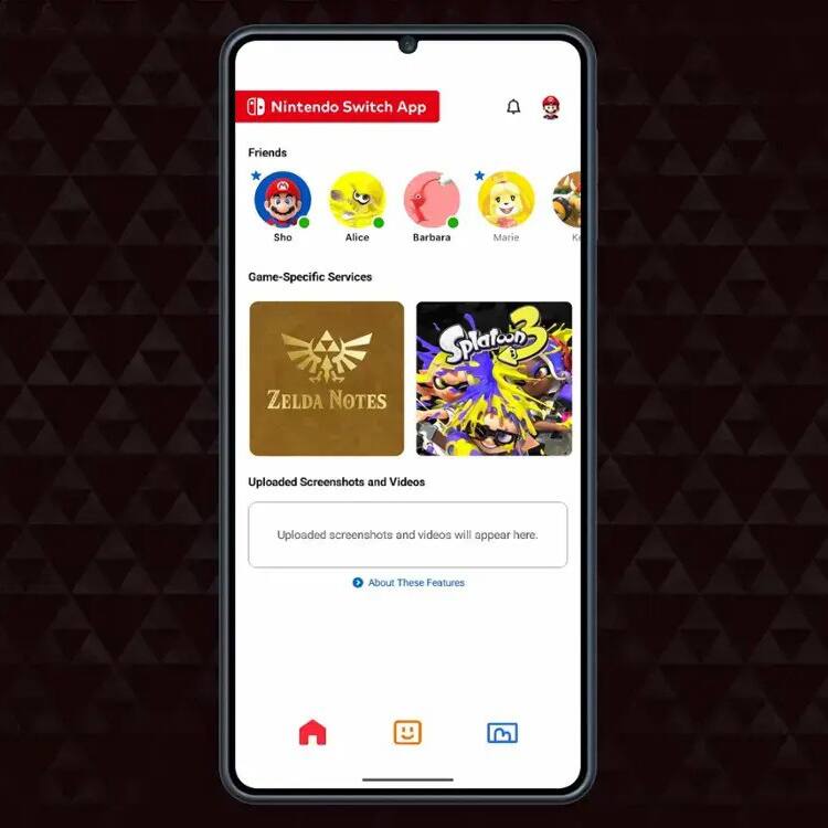 Nintendo Switch App

Friends
- Sho
- Alice
- Barbara
- Marie
- K

Game-Specific Services
- ZELDA NOTES
- Splatoon 3

Uploaded Screenshots and Videos
Uploaded screenshots and videos will appear here.

About These Features