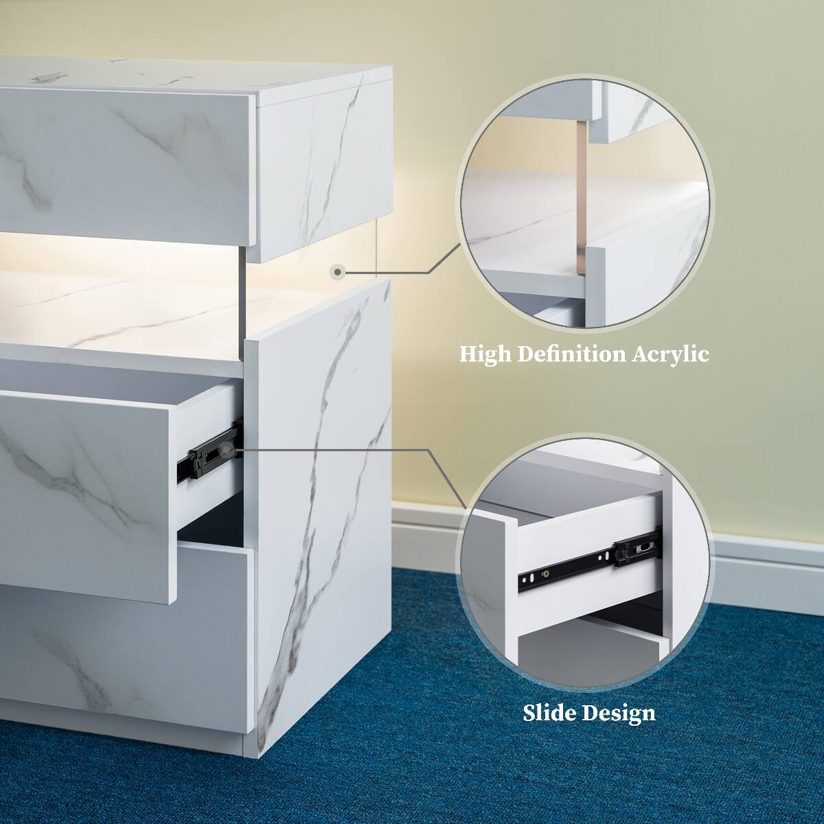 Loheer 3 Drawer LED Nightstand, Modern Bedroom Bedside Table with RGB ...
