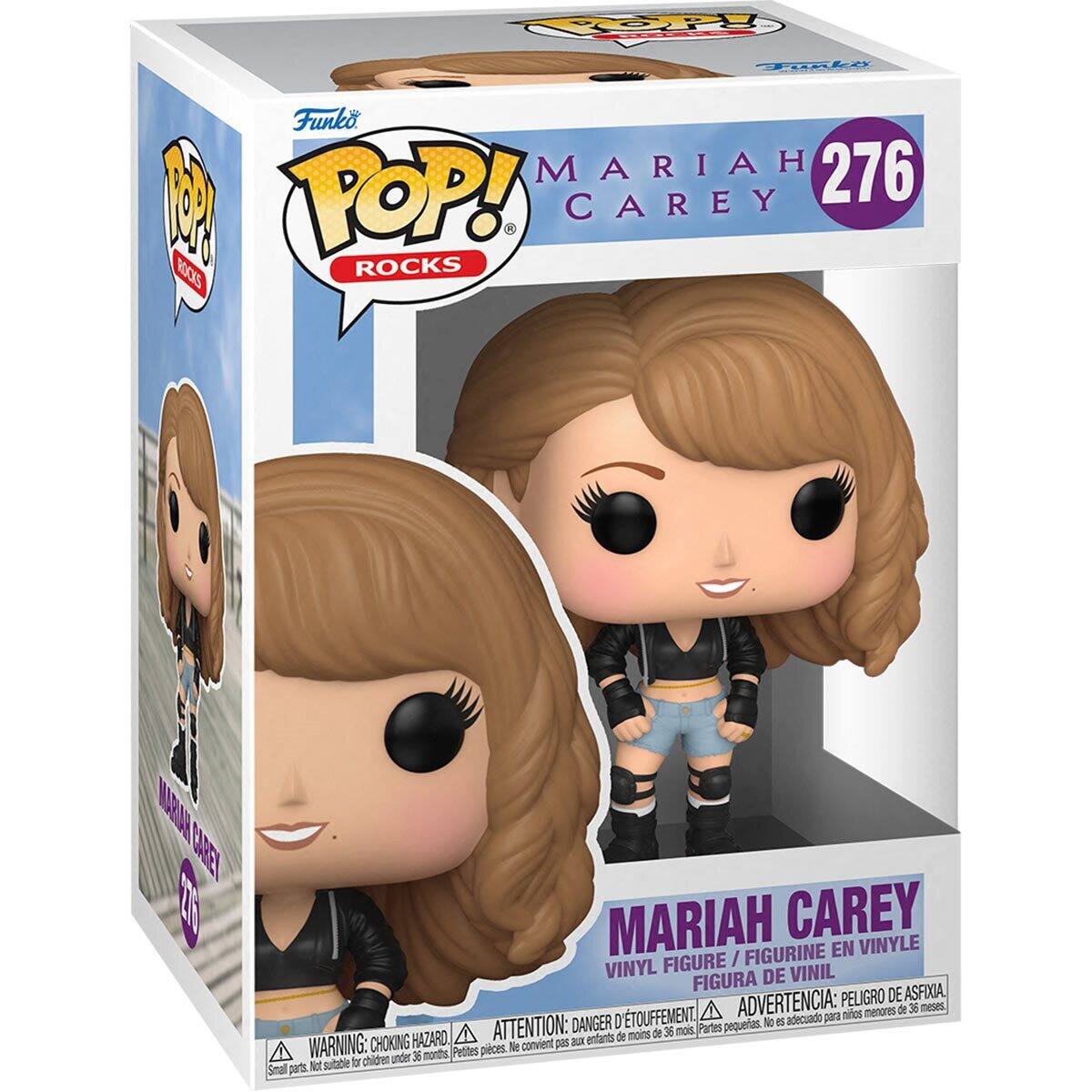 Sure, here is the corrected and grouped text from the image:

---

**Funko POP! ROCKS**

**MARIAH CAREY**

**276**

**VINYL FIGURE / FIGURINE EN VINYLE / FIGURA DE VINIL**

**WARNING: CHOKING HAZARD**  
Small parts. Not suitable for children under 36 months.  
**ATTENTION: DANGER D'ÉTOUFFEMENT**  
Petites pièces. Ne convient pas aux enfants de moins de 36 mois.  
**ADVERTENCIA: PELIGRO DE ASFIXIA**  
Partes pequeñas. No es adecuado para niños menores de 36 meses.

---

This text is organized to reflect the information on the packaging.