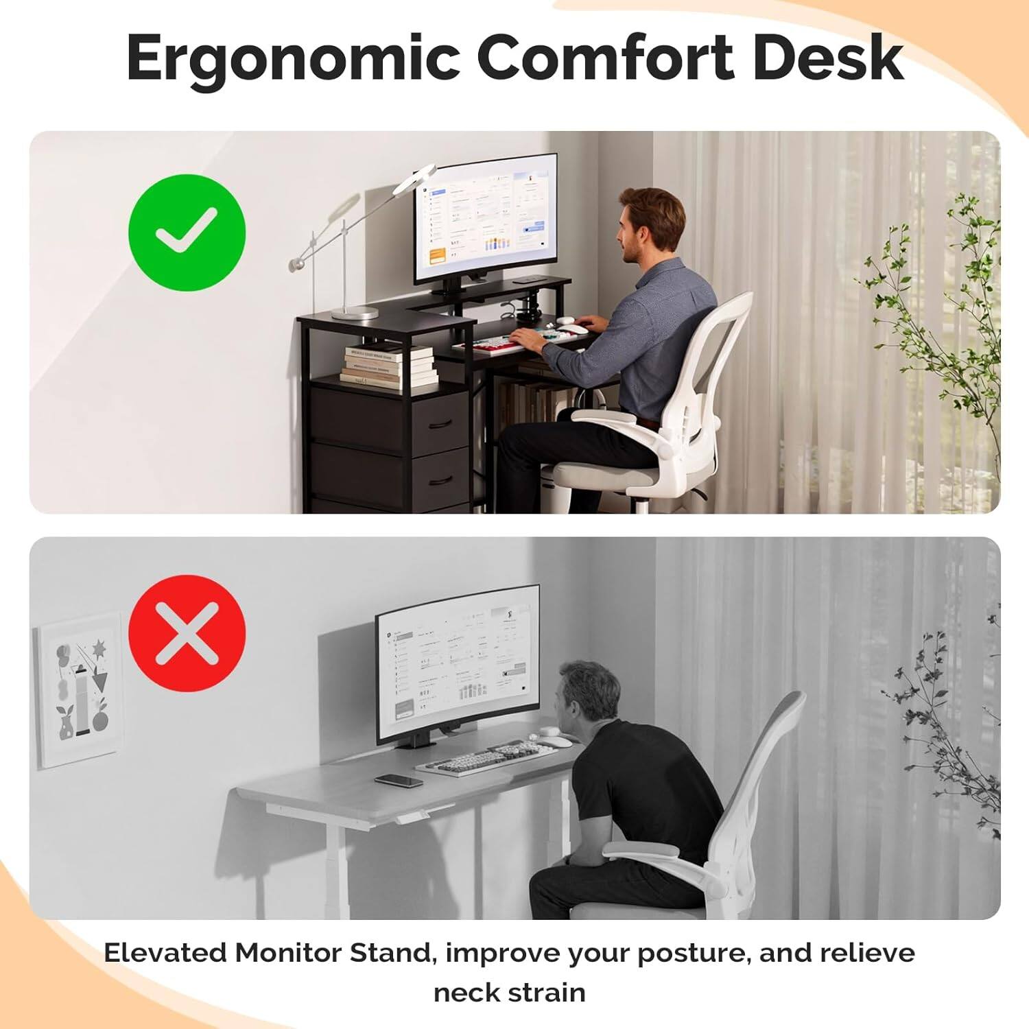 Ergonomic Comfort Desk X Elevated Monitor Stand, improve your posture, and relieve neck strain