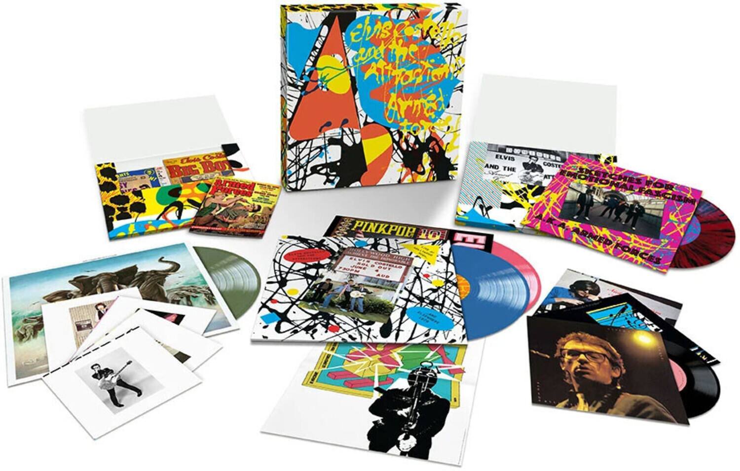 Sure, here is the corrected and grouped text from the image:

1. **Album Covers and Posters:**
   - "Elvis Costello & The Attractions - Armed to the Teeth"
   - "Elvis Costello & The Attractions - Emotional Fascism"
   - "Pink Floyd - The Wall"
   - "Bill Bailey - Arms and the Man"
   - "Elvis Costello & The Attractions - 730p June Out"
   - "Elvis Costello & The Attractions - Emotional Fascism"

2. **Vinyl Records:**
   - "Pink Floyd - The Wall"
   - "Elvis Costello & The Attractions - Emotional Fascism"
   - "Elvis Costello & The Attractions - 730p June Out"

3. **Other Text:**
   - "Elvis Costello & The Attractions - Emotional Fascism"
   - "Pink Floyd - The Wall"
   - "Elvis Costello & The Attractions - 730p June Out"

This text appears to be related to album covers, vinyl records, and promotional materials for various artists, including Elvis Costello & The Attractions and Pink Floyd.