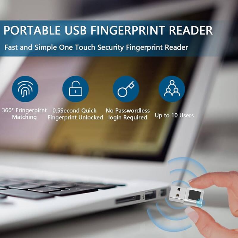 PORTABLE USB FINGERPRINT READER  
Fast and Simple One Touch Security Fingerprint Reader  

- 360° Fingerprint Matching  
- 0.5 Second Quick Fingerprint Unlocked  
- No Passwordless login Required  
- Up to 10 Users