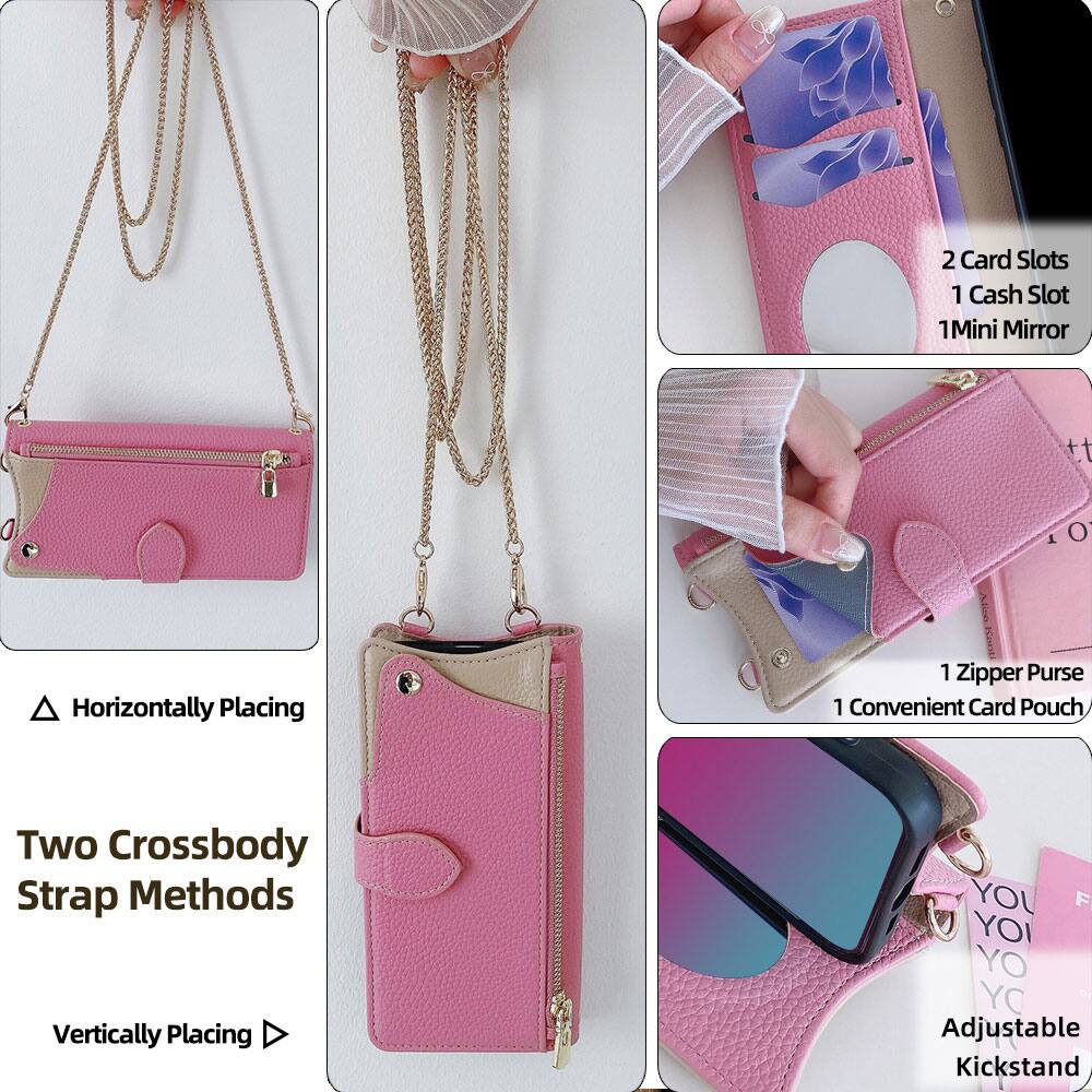 2 Card Slots  
1 Cash Slot  
1 Mini Mirror  

Horizontally Placing  

Two Crossbody Strap Methods  

Vertically Placing  

1 Zipper Purse  
1 Convenient Card Pouch  

Adjustable Kickstand
