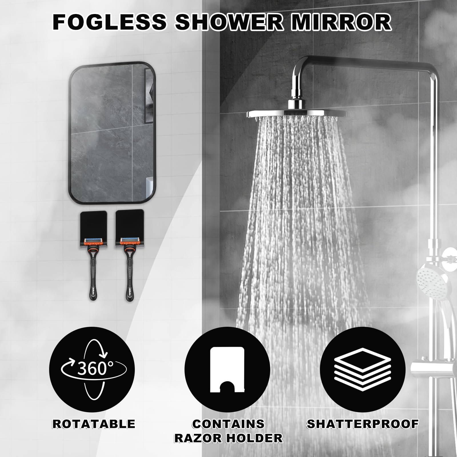 FOGLESS SHOWER MIRROR

- ROTATABLE 360°
- CONTAINS RAZOR HOLDER
- SHATTERPROOF