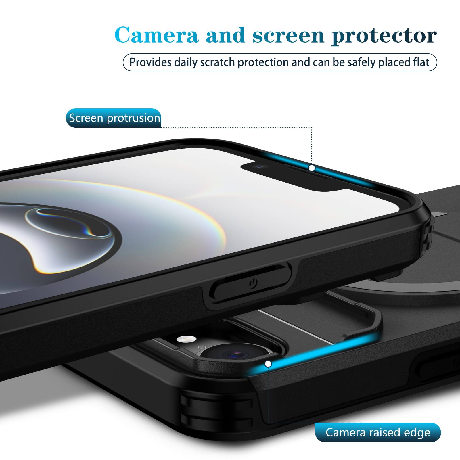 Camera and screen protector  
Provides daily scratch protection and can be safely placed flat  

Screen protrusion  
Camera raised edge