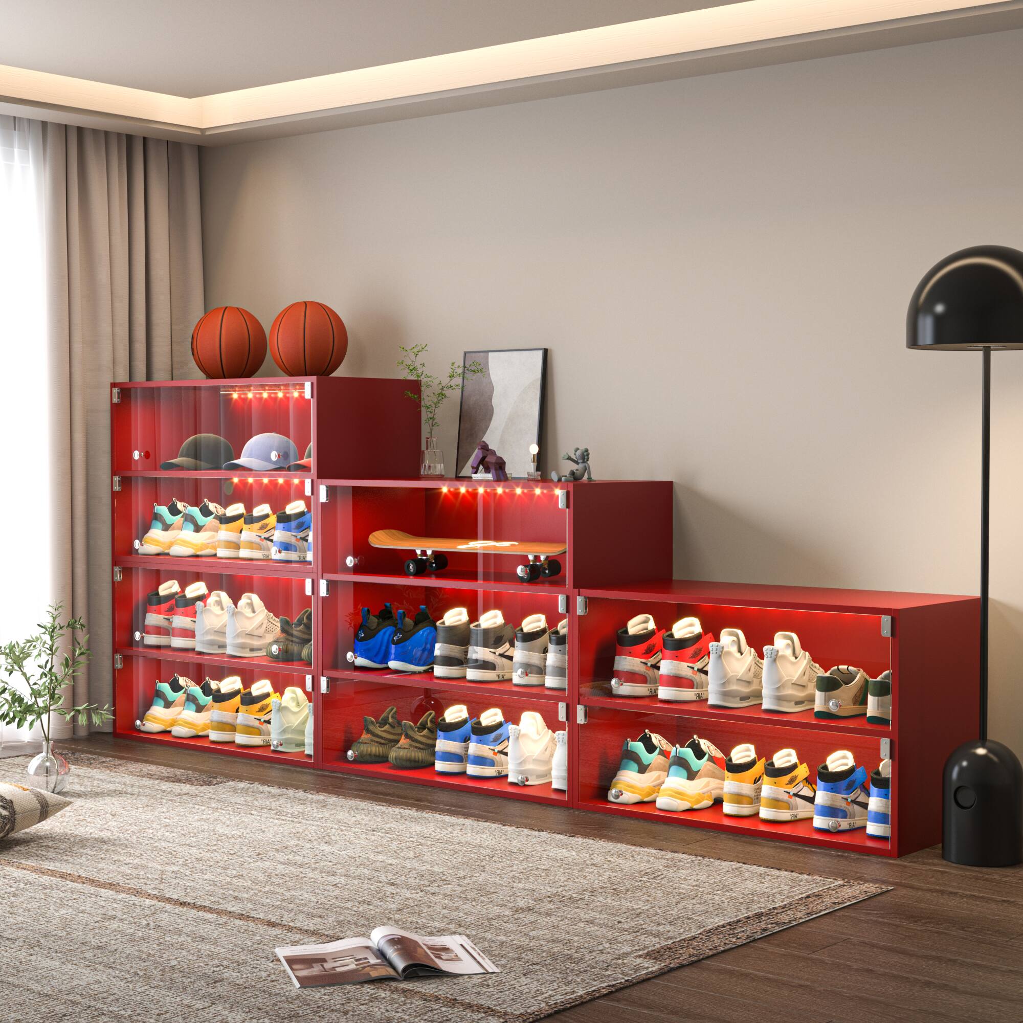 Angle. GOODSILO - Modern Glass Door Shoe Storage Cabinet with LED Lighting for Sneaker Display and Protection - Red.
