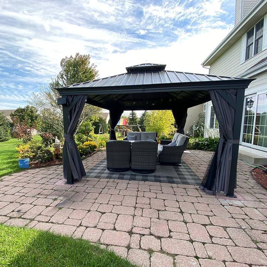Left. Mondawe - 12' X 12' Aluminum Hardtop Gazebo with Drainage System and Curtains - Grey.
