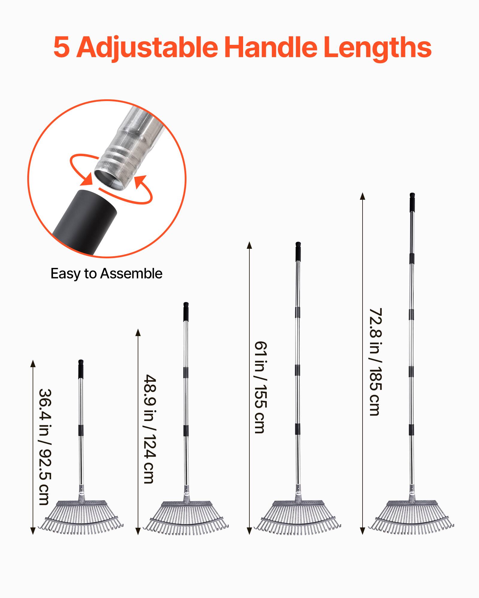 5 Adjustable Handle Lengths

Easy to Assemble

- 36.4 in / 92.5 cm
- 48.9 in / 124 cm
- 61 in / 155 cm
- 72.8 in / 185 cm