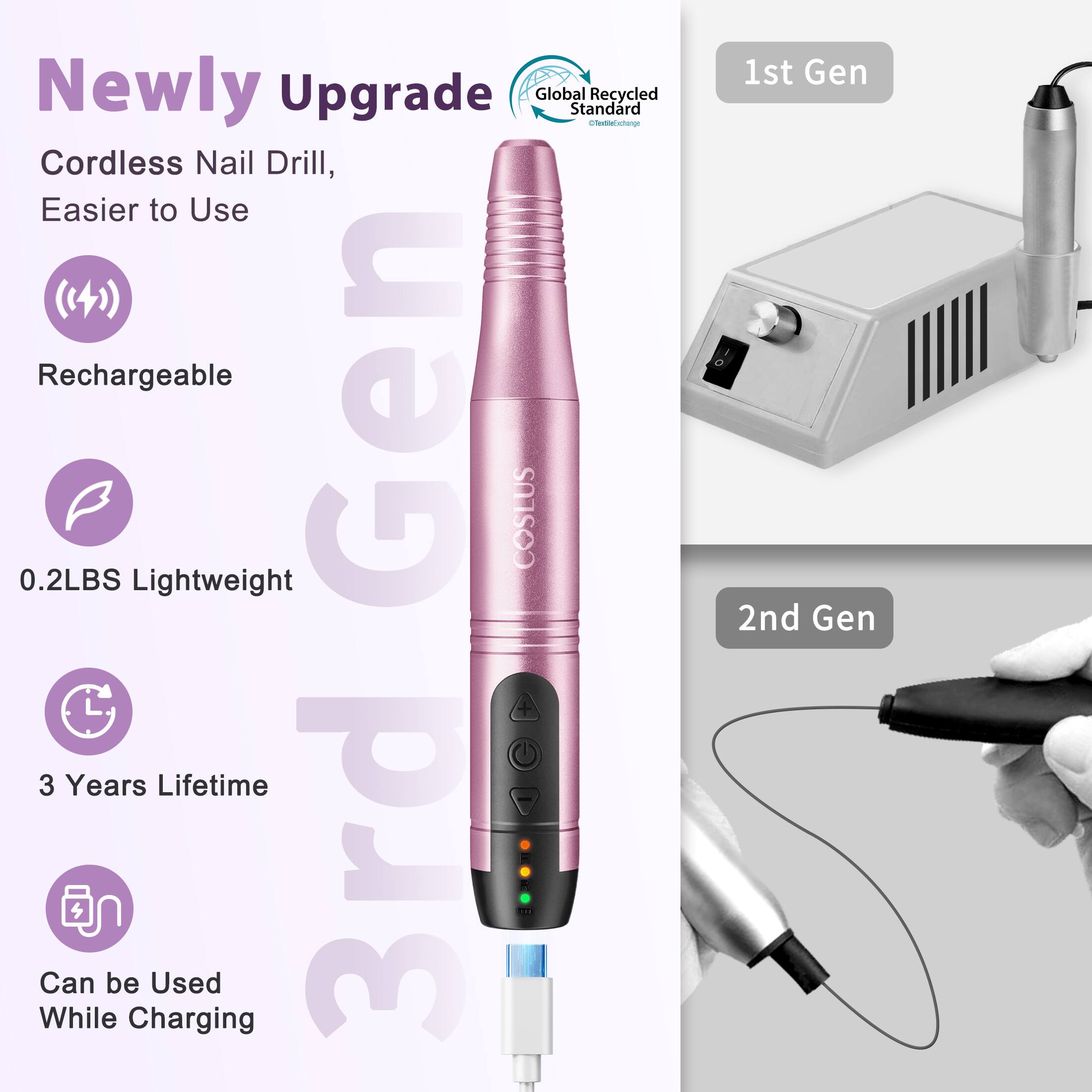 Newly Upgrade Global Standard @rfautietctnge Recycled Cordless Nail Drill, Easier to Use Rechargeable 0.2LBS Lightweight Gen COSLUS 3 Years Lifetime I While Can be Charging Used 3rd : 1st Gen 2nd Gen