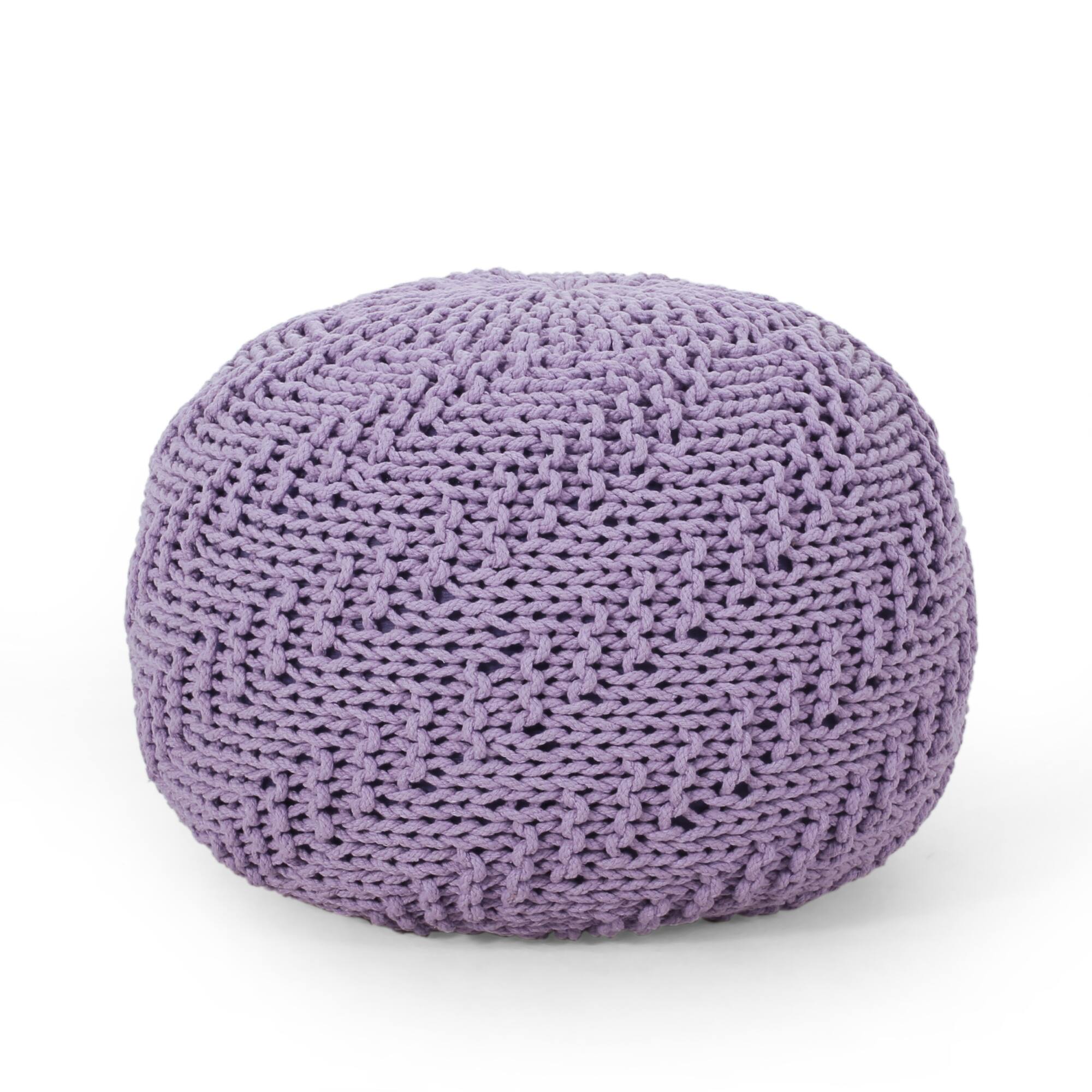 Angle. GOODSILO - Stylish Round Knitted Cotton Pouf for Versatile Seating and Decorative Accents - Lavender.