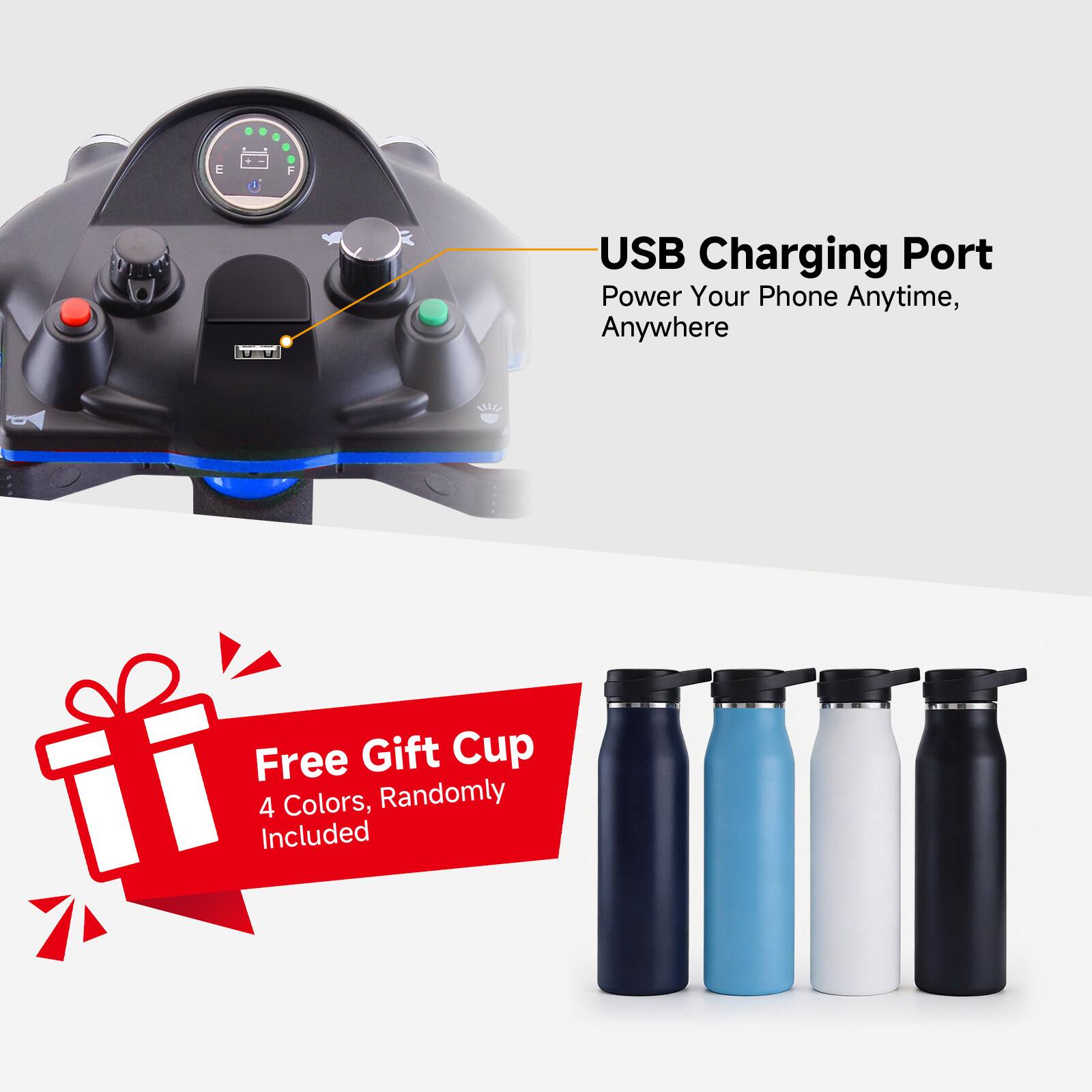 USB Charging Port  
Power Your Phone Anytime, Anywhere  

Free Gift Cup  
4 Colors, Randomly Included