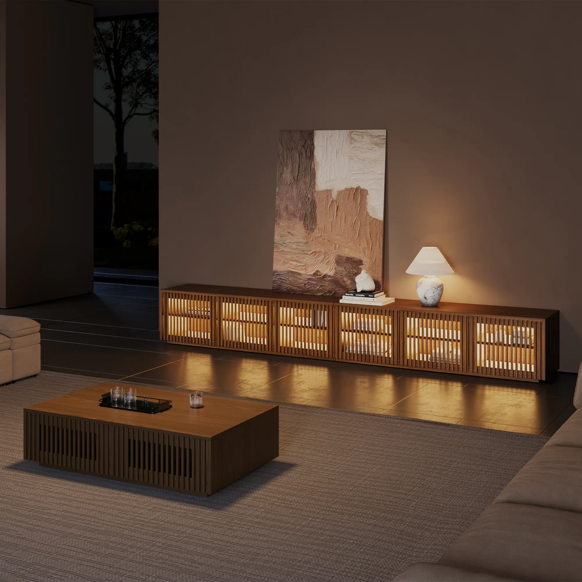 Left. POVISON - 118" Mid-Century Modern Wood Slatted TV Stand with LED lightsMinimalist Entertainment Center, Perfect for 100-inch TVs​ - Walnut Color.