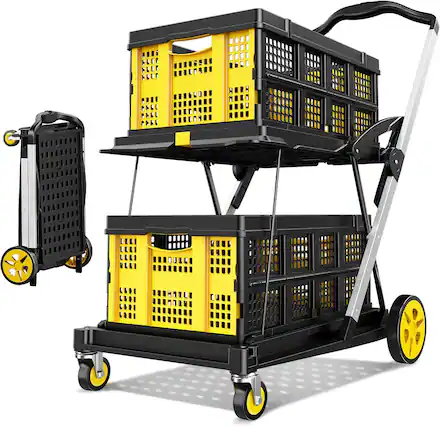 Front. Silvel - Collapsible Shopping Cart, 8-in-1 200LBS Multi Functional Utility Cart with 2 Storage Crate, Adjustable Handle - Yellow.
