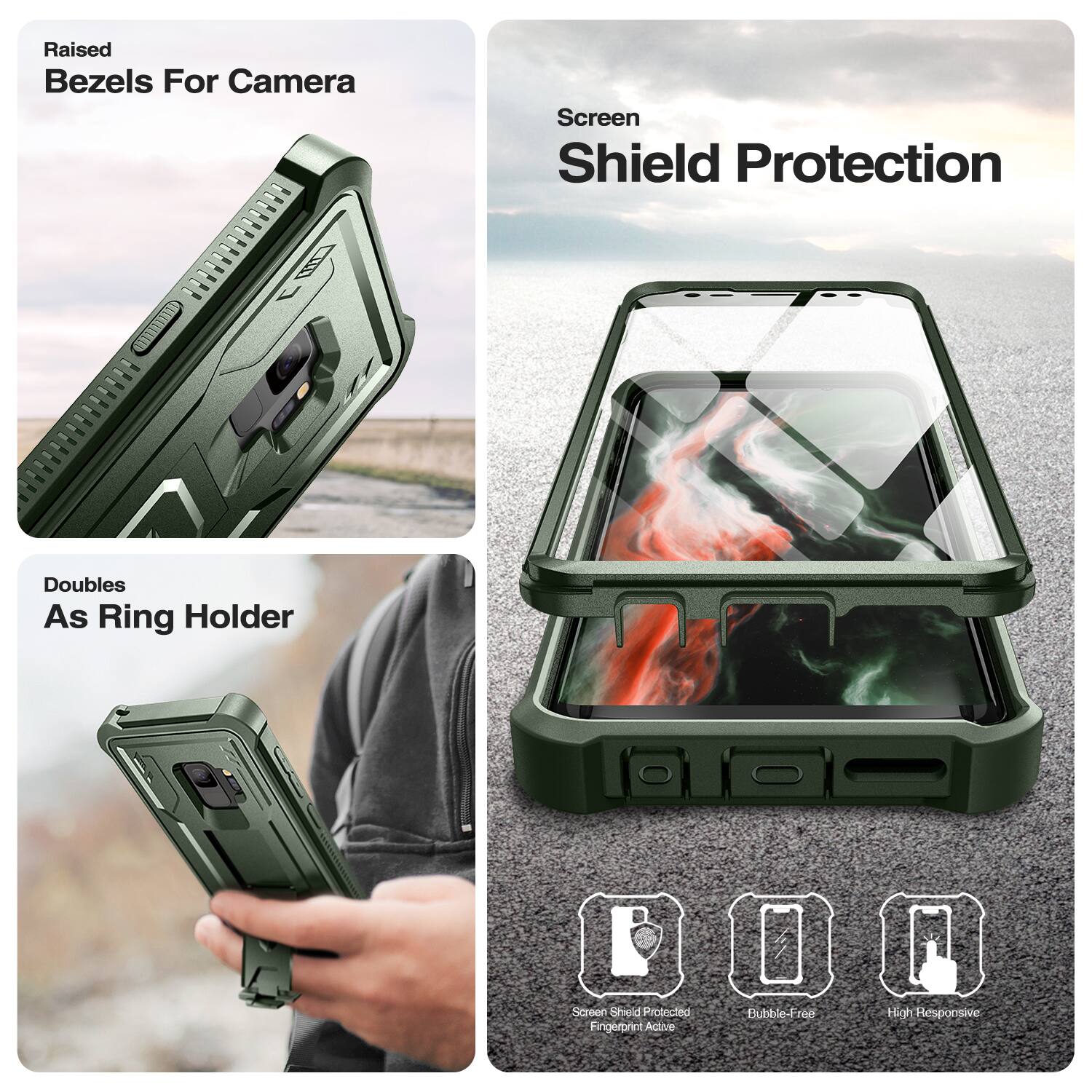 Raised Bezels For Camera  
Screen Shield Protection  
Doubles As Ring Holder  

Screen Shield Protected Fingerprint Active  
Bubble-Free  
High Responsive