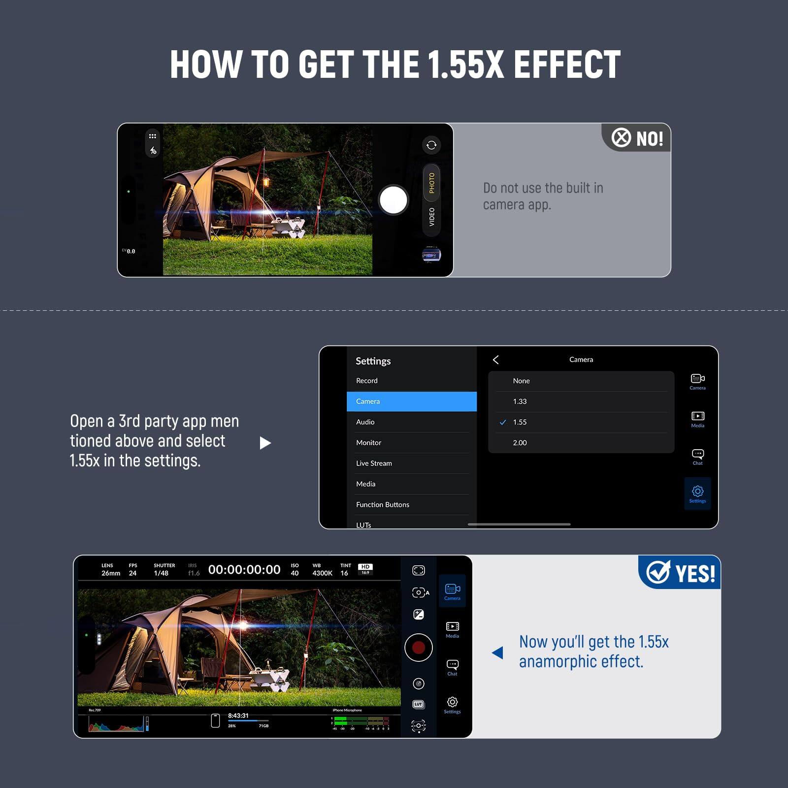 HOW TO GET THE 1.55X EFFECT

Do not use the built-in camera app.

Open a 3rd party app mentioned above and select 1.55x in the settings.

Now you'll get the 1.55x anamorphic effect.
