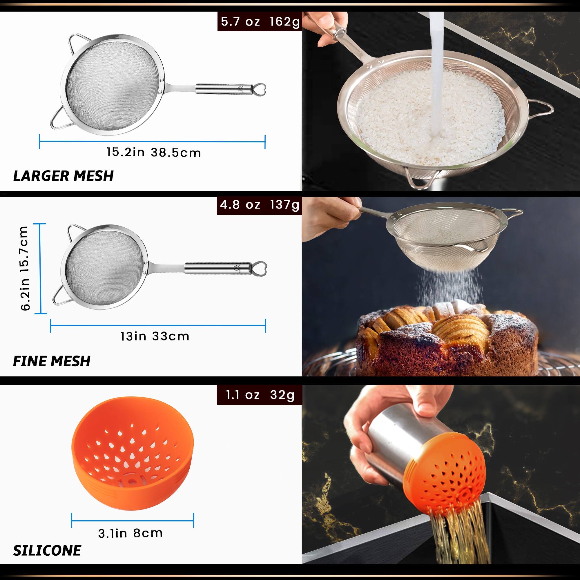Back. Gourmet Easy - Stainless Steel Fine Mesh Strainer Set: 1 Large Flour Sifter, 1 Small Pasta/Rice Sieve, 1 Silicone Can Strainer, Durable - Stainless Steel.