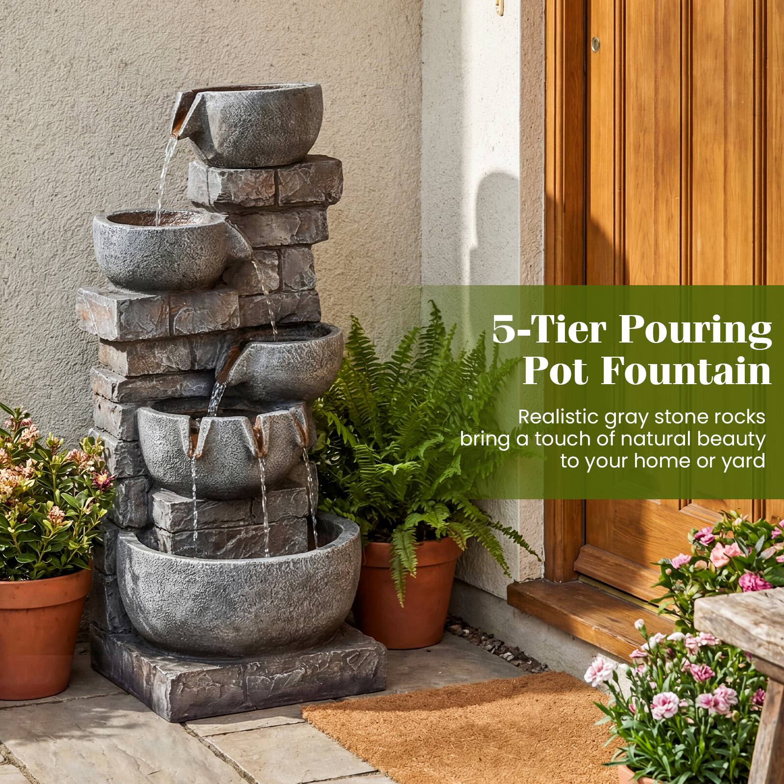5-Tier Pouring Pot Fountain

Realistic gray stone rocks bring a touch of natural beauty to your home or yard
