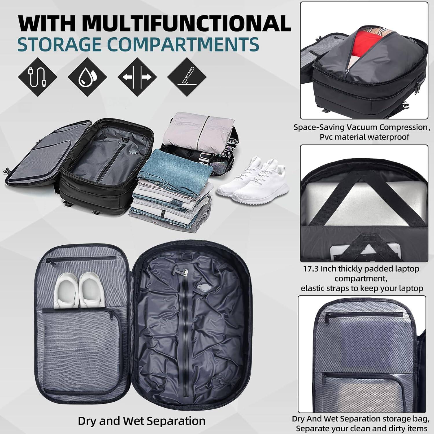 WITH MULTIFUNCTIONAL STORAGE COMPARTMENTS

- Space-Saving Vacuum Compression, Pvc material waterproof
- 17.3 Inch thickly padded laptop compartment, elastic straps to keep your laptop
- Dry and Wet Separation
- Dry And Wet Separation storage bag, Separate your clean and dirty items