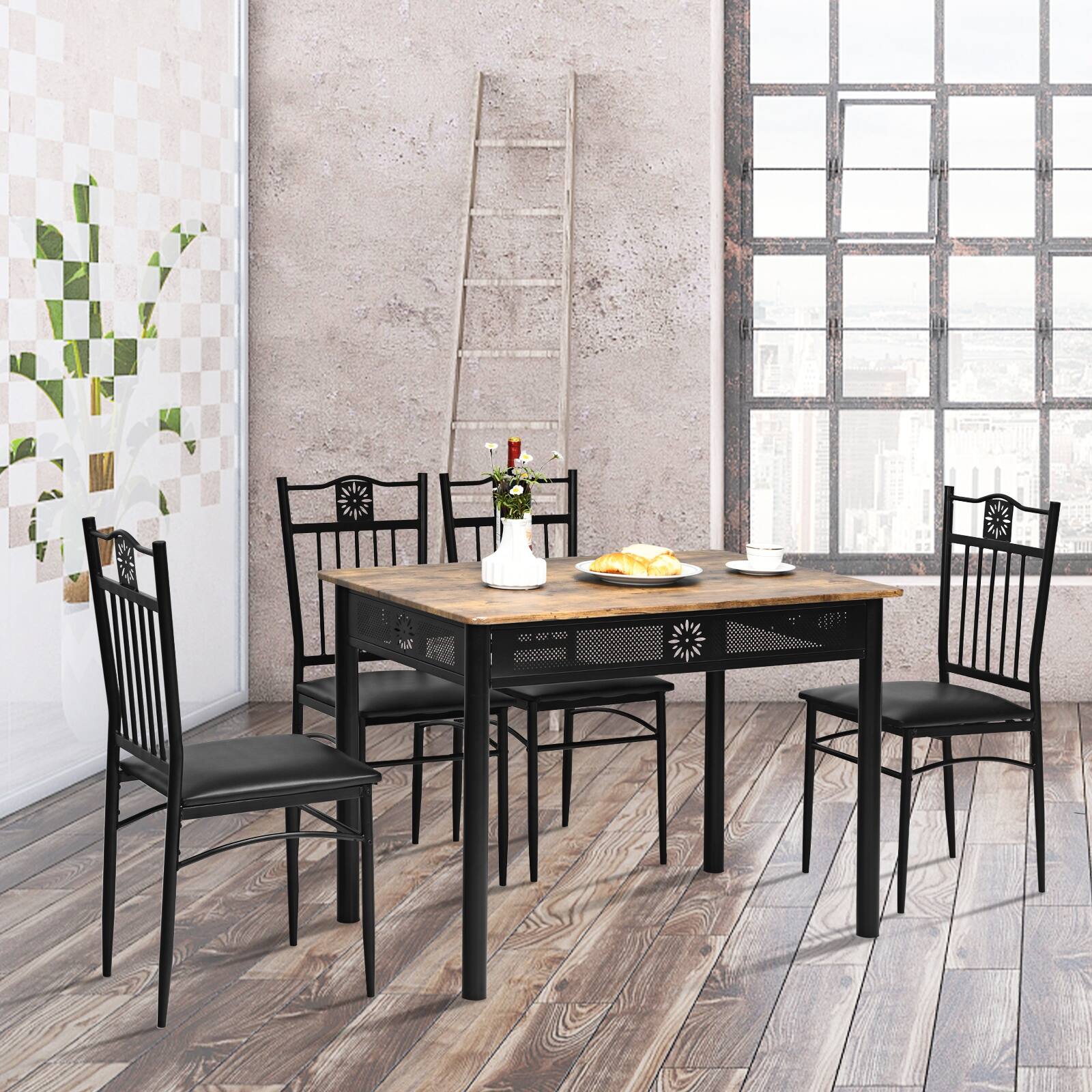 Alt View 8. Ecooso - 5 Piece Dining Set with Metal and Wood Table Plus 4 Cushioned Chairs - Black.