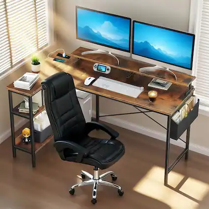 Front. PexFix - Reversible L-Shaped Gaming Desk with Power Outlets, 47" Corner Desk with Monitor Stand & Storage Shelves for Home Office - Brown.