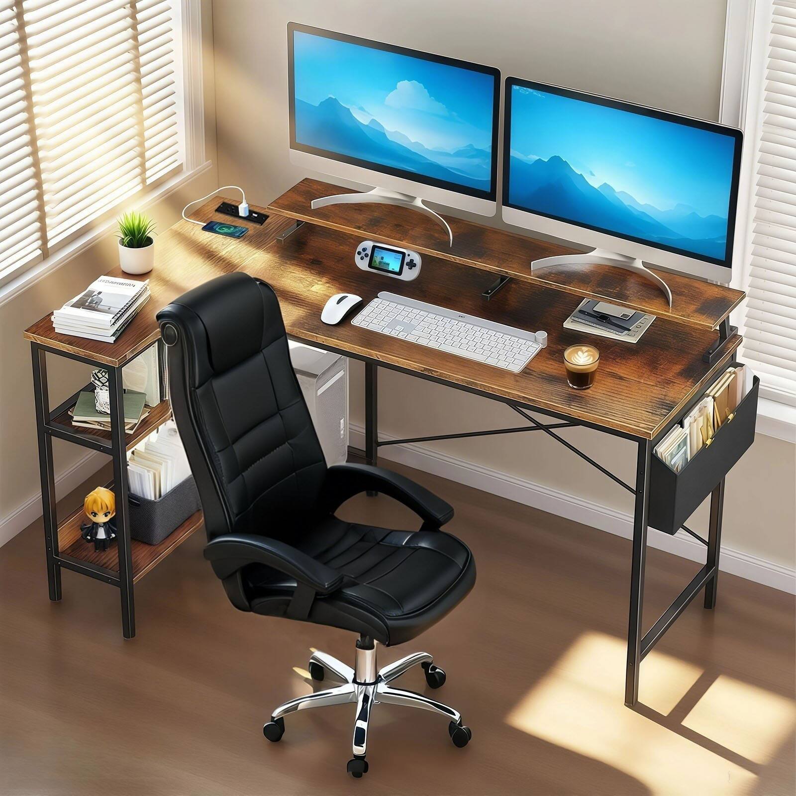 Back. APRILSOUL - Gaming Desk with Power Outlets Reversible L Shaped Computer Desk with Monitor Stand and Storage Shelves - Black+Brown.