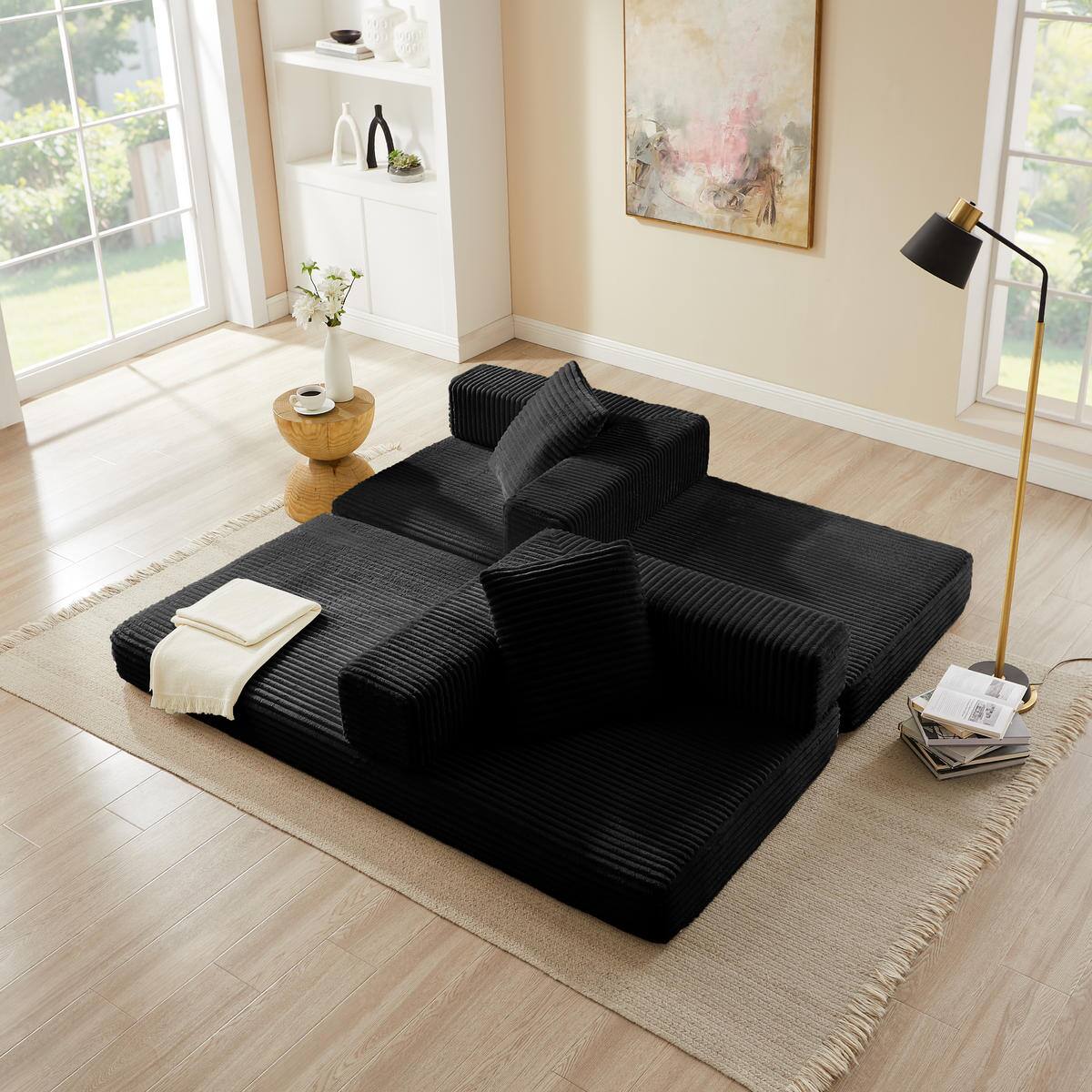 Alt View 4. Meqiodas - 81''Convertible Sofa Bed, Folding Floor Couch with Square Armrest, Comfy Sleeper Mattress for Living Room - Black.