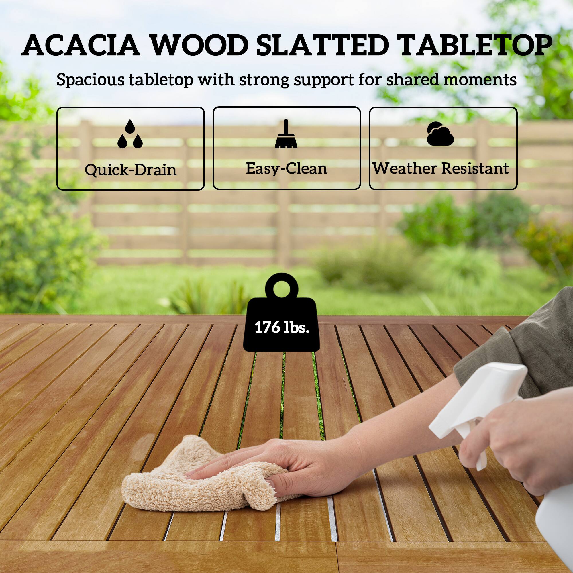 ACACIA WOOD SLATTED TABLETOP  
Spacious tabletop with strong support for shared moments  
Quick-Drain  
Easy-Clean  
Weather Resistant  
176 lbs.