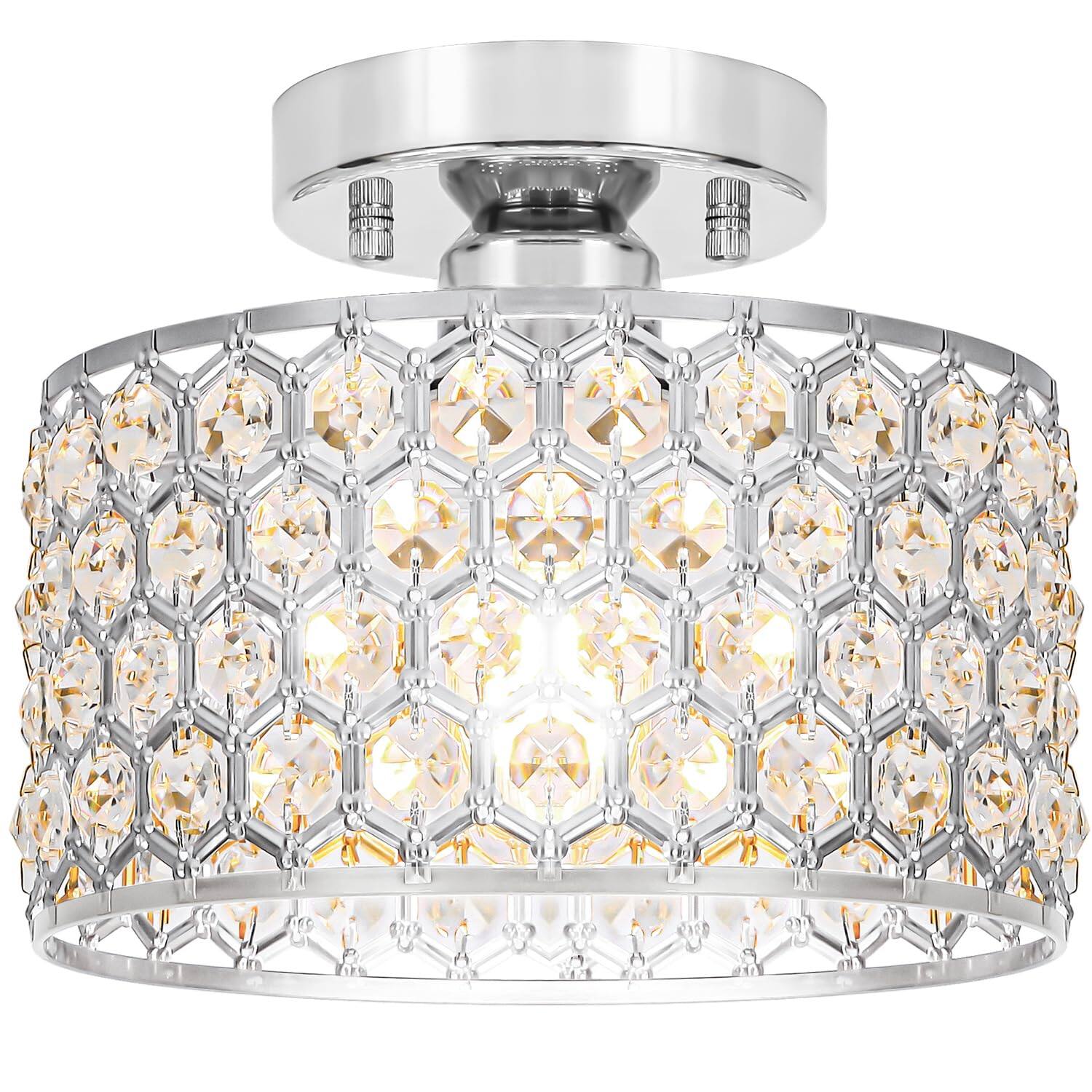 Front. Earthley Blooms - Crystal Ceiling Light Fixture Modern Semi Flush Mount Chandelier Lighting For Hallway Kitchen Foyer Daz - Chrome 9in A.