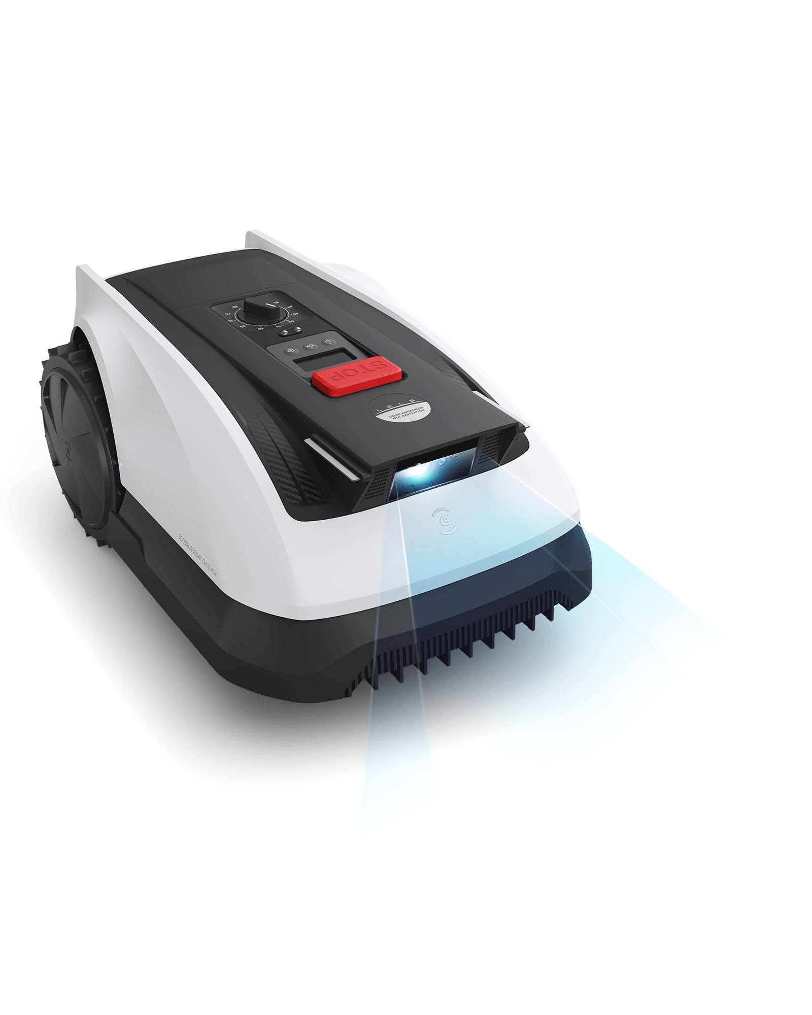 Left. ECOVACS Robotics - Goat O1000 RTK Robot Lawn Mower, Perimeter Wire Free Vision for 1/4 Acres Lawn, Auto Mapping 3D Obstacle Avoidance - White.