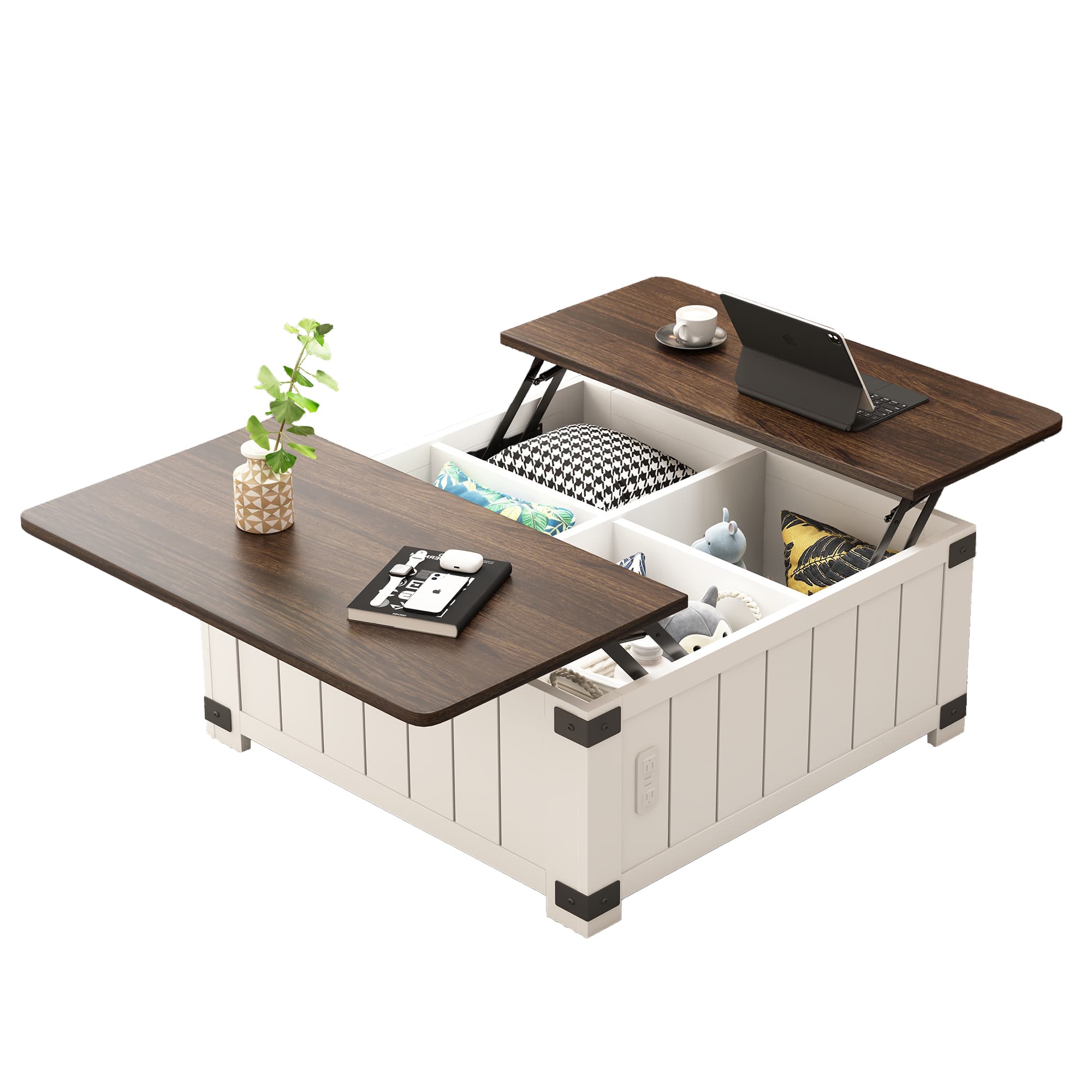 Ecooso - Coffee Table Lift-Top with Charging Station and USB Ports, Storage Compartment Center Table for Home Office - White