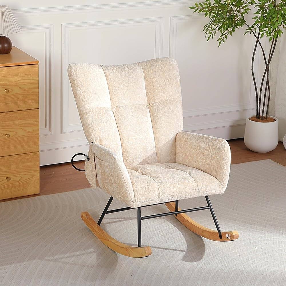 Loheer - Modern Maternity Nursery Rocking Chair, Chenille Upholstered High Back Glider with Airbag Lumbar Support - Beige