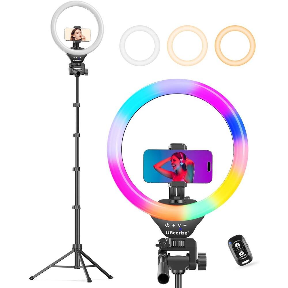 Front. PARKER SLATER - 12" RGB selfie ring light with 62" tripod, compatible with phones, cameras, and webcams for streaming and recording..