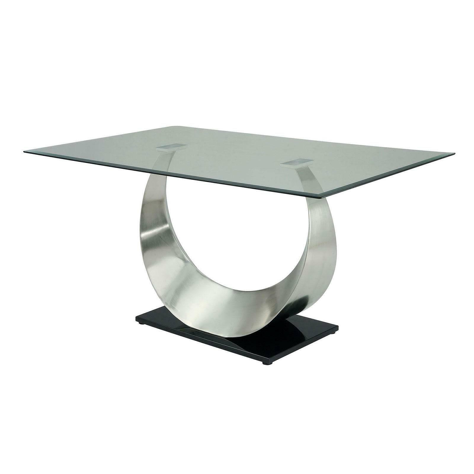 Manhattan Lane - Metal and Glass Dining Table with Unique U Shape Pedestal Base - Chrome and Black price history on PriceWatchPro