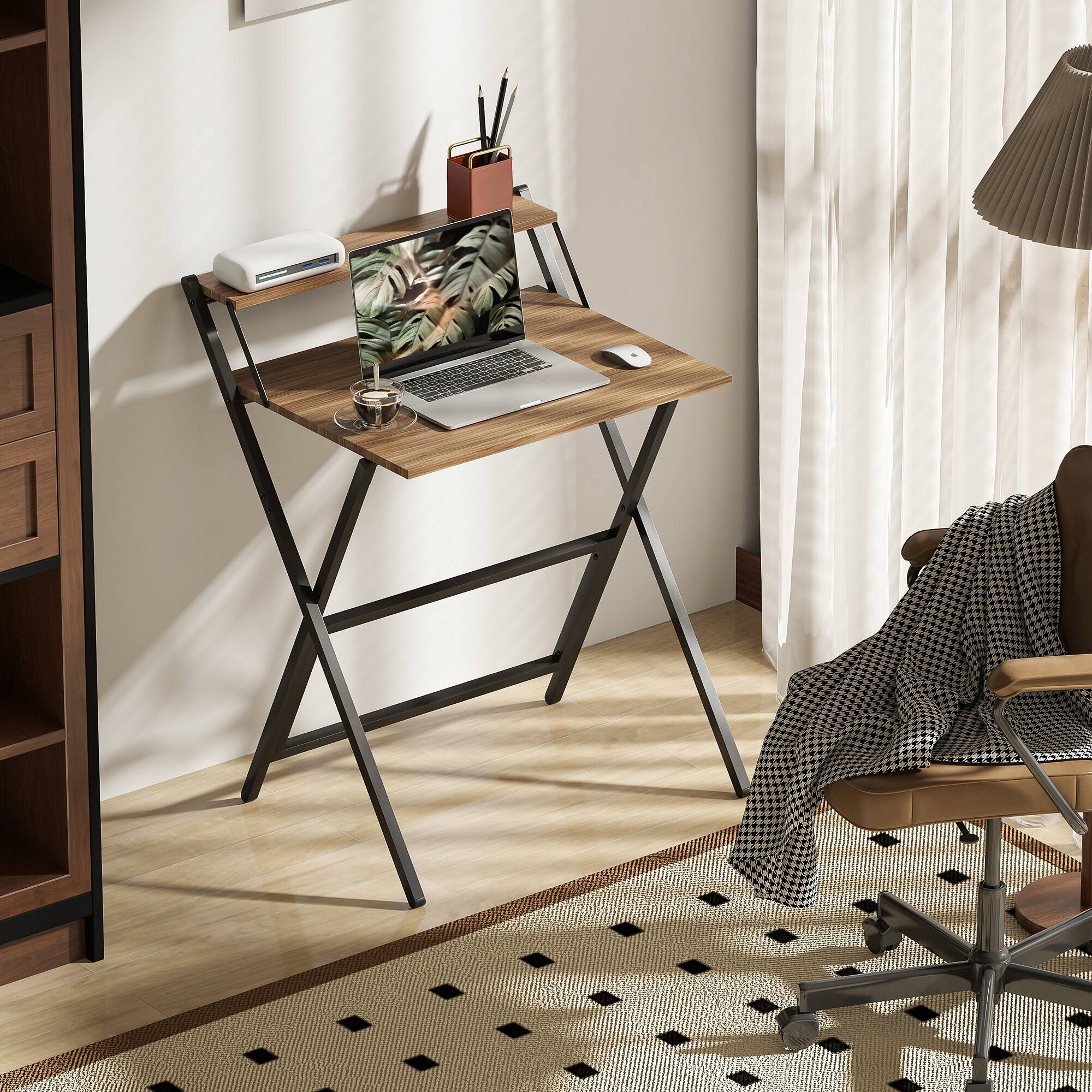 Alt View 1. Homcom - Computer Desk, 27.6" Foldable Desk with Monitor Shelf for Small Space, Home Office, Study - Walnut.