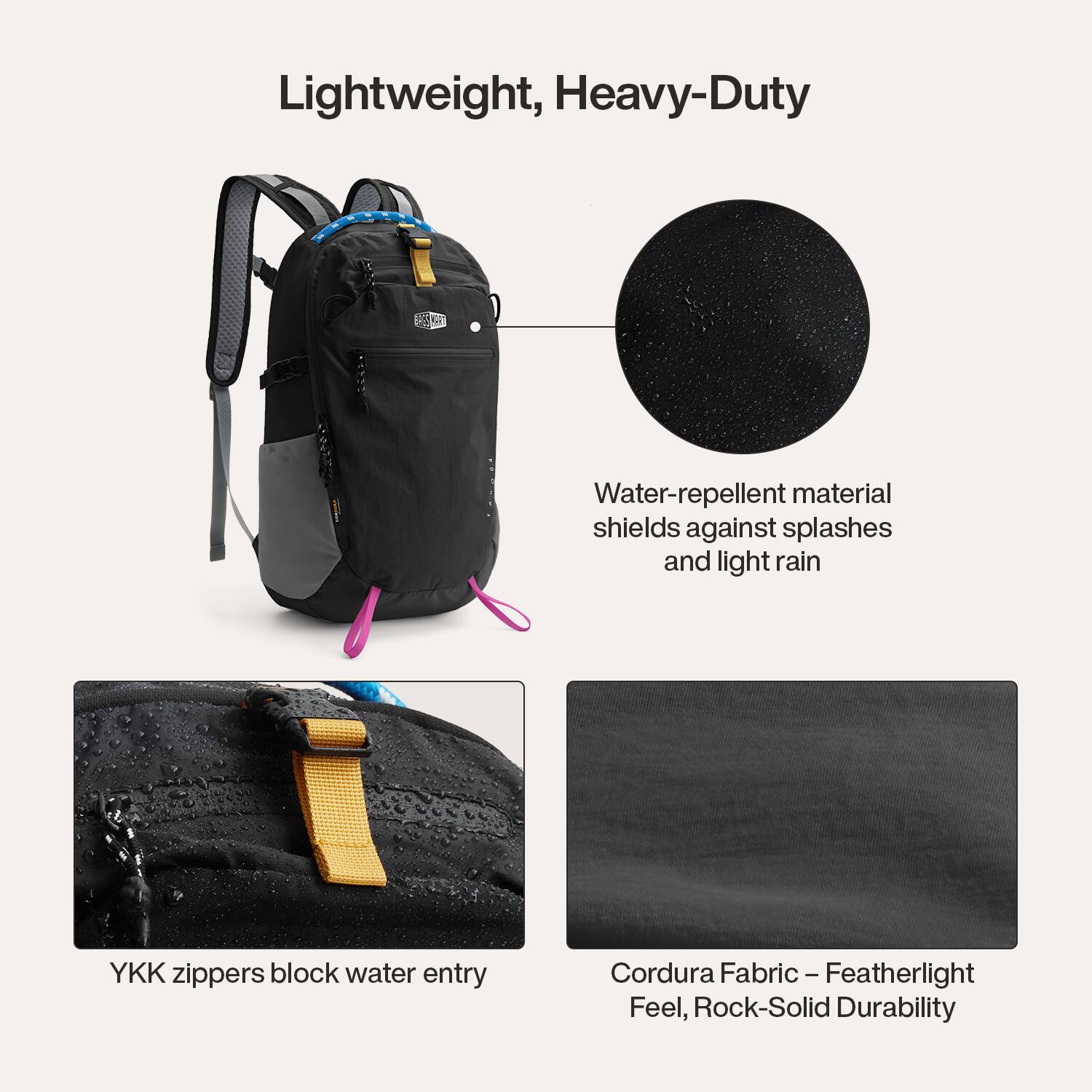 Lightweight, Heavy-Duty Water-repellent material shields against splashes and light rain. YKK zippers block water entry. Cordura Fabric - Featherlight Feel, Rock-Solid Durability.