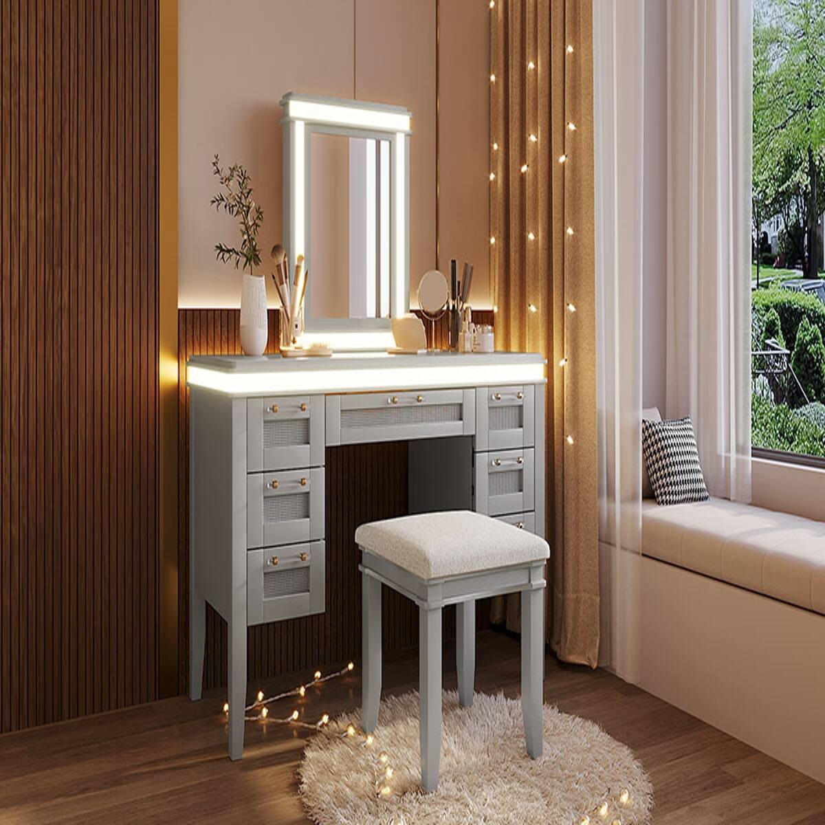 Alt View 6. Loheer - Loheer 48 Inch Makeup Vanity Desk with Mirror and Lights, Seven Drawers, Cushioned Stool, Grayish Blue - Grayish Blue.
