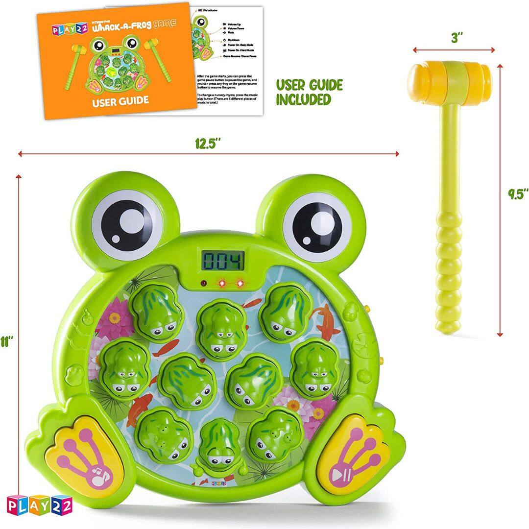 PLAY22  
WHACK-A-FROG GAME  
USER GUIDE  

USER GUIDE INCLUDED  

12.5"  
9.5"  
3"  
11"  

PLAY22