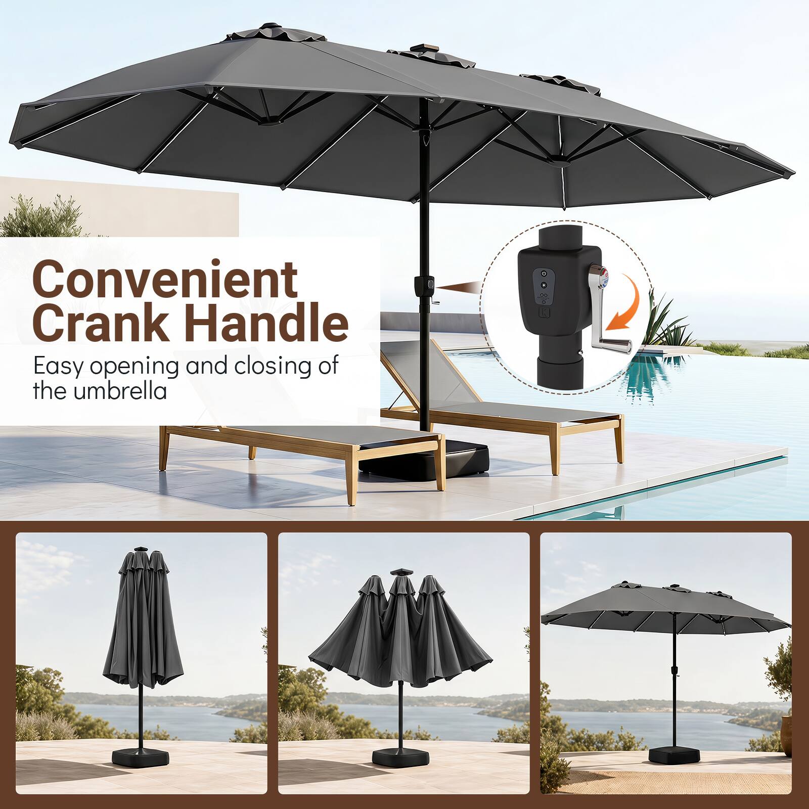 Convenient Crank Handle  
Easy opening and closing of the umbrella