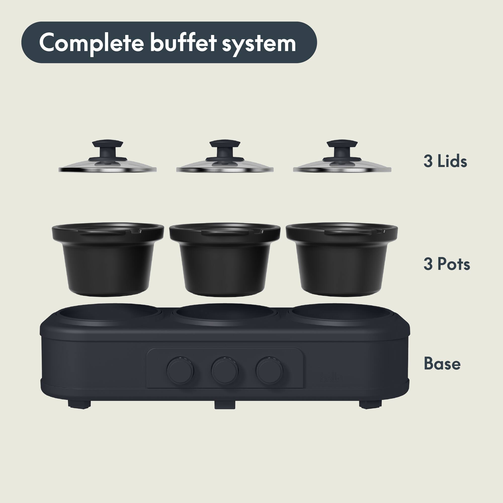 Complete buffet system  
3 Lids  
3 Pots  
Base