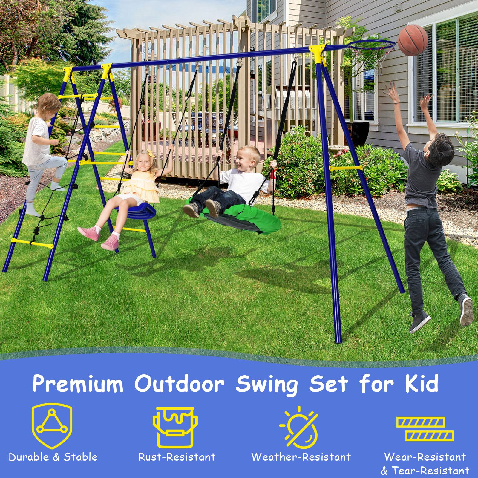 Premium Outdoor Swing Set for Kid

- Durable & Stable
- Rust-Resistant
- Weather-Resistant
- Wear-Resistant & Tear-Resistant