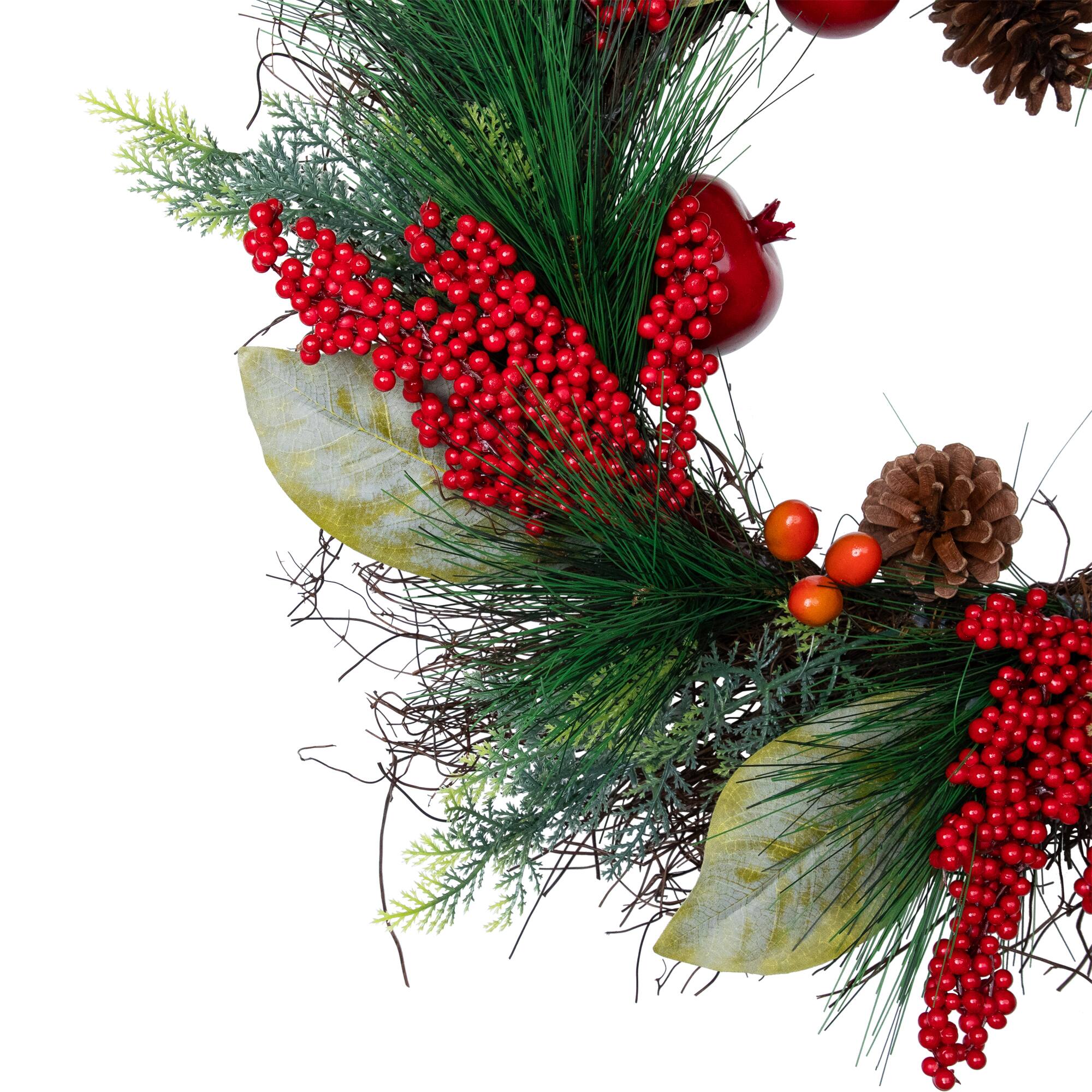Alt View 4. Northlight - Pine, Berry and Pomegranate Artificial Fall Harvest Wreath - 24" - Red.