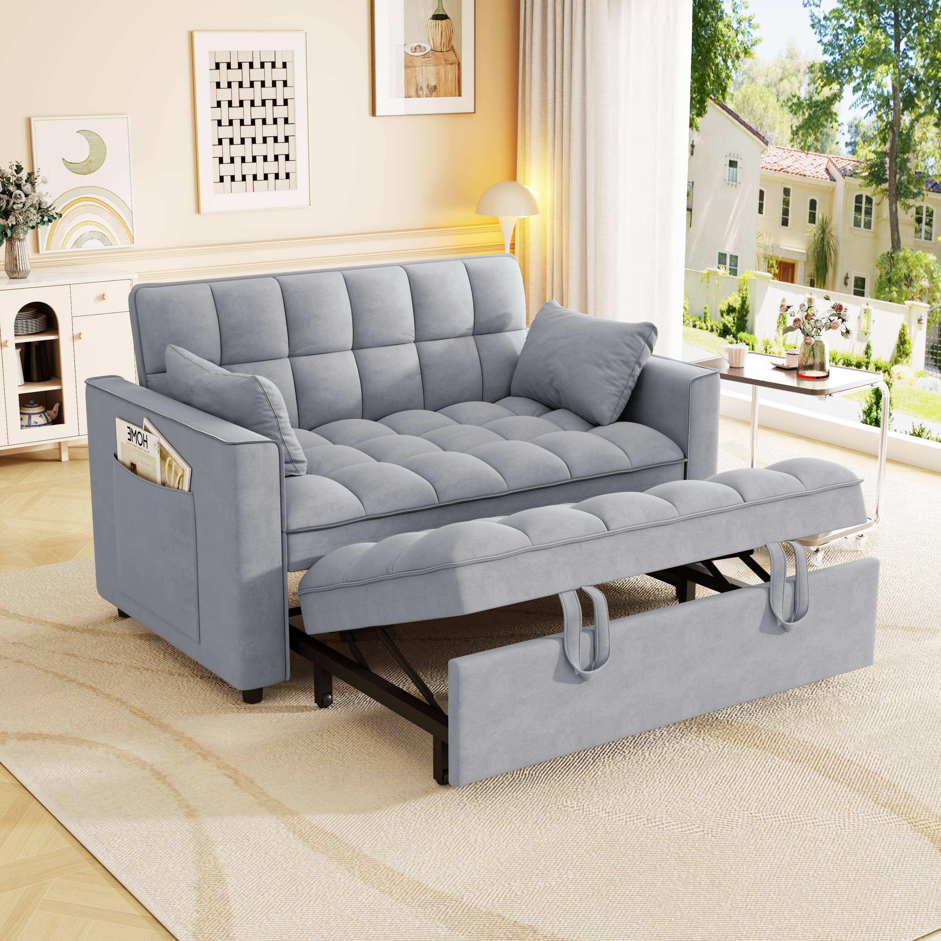 Alt View 1. Anysun - Modern Velvet Convertible Sleeper Sofa Bed with Pull-Out Bed, Pillows & Side Pockets for Small Spaces - Light Gray.