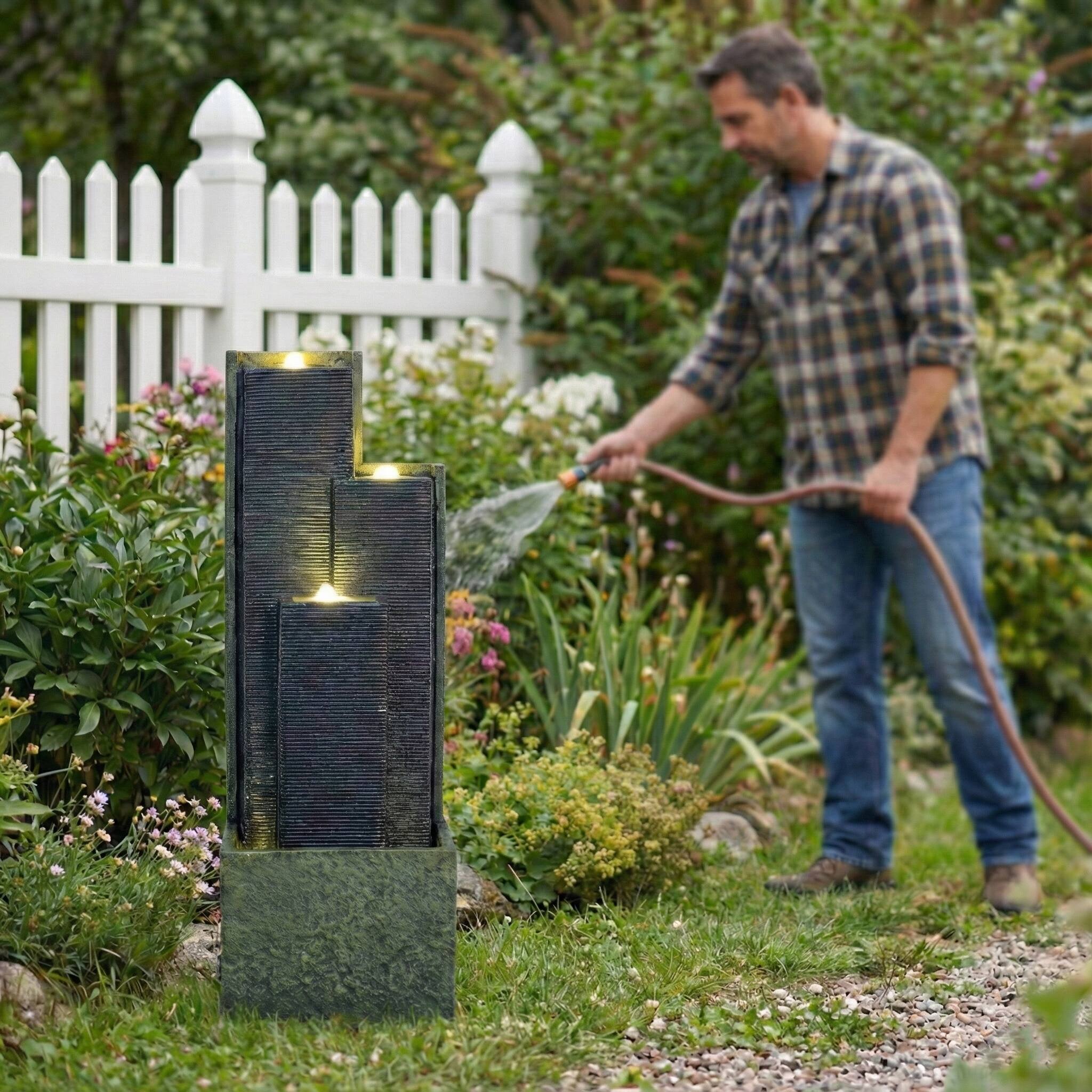 Angle. Anysun - 39" H Outdoor Water Fountain – Modern Cascading Freestanding Fountain with LED Lights for Garden, Patio, Lawn Decor - Grey.