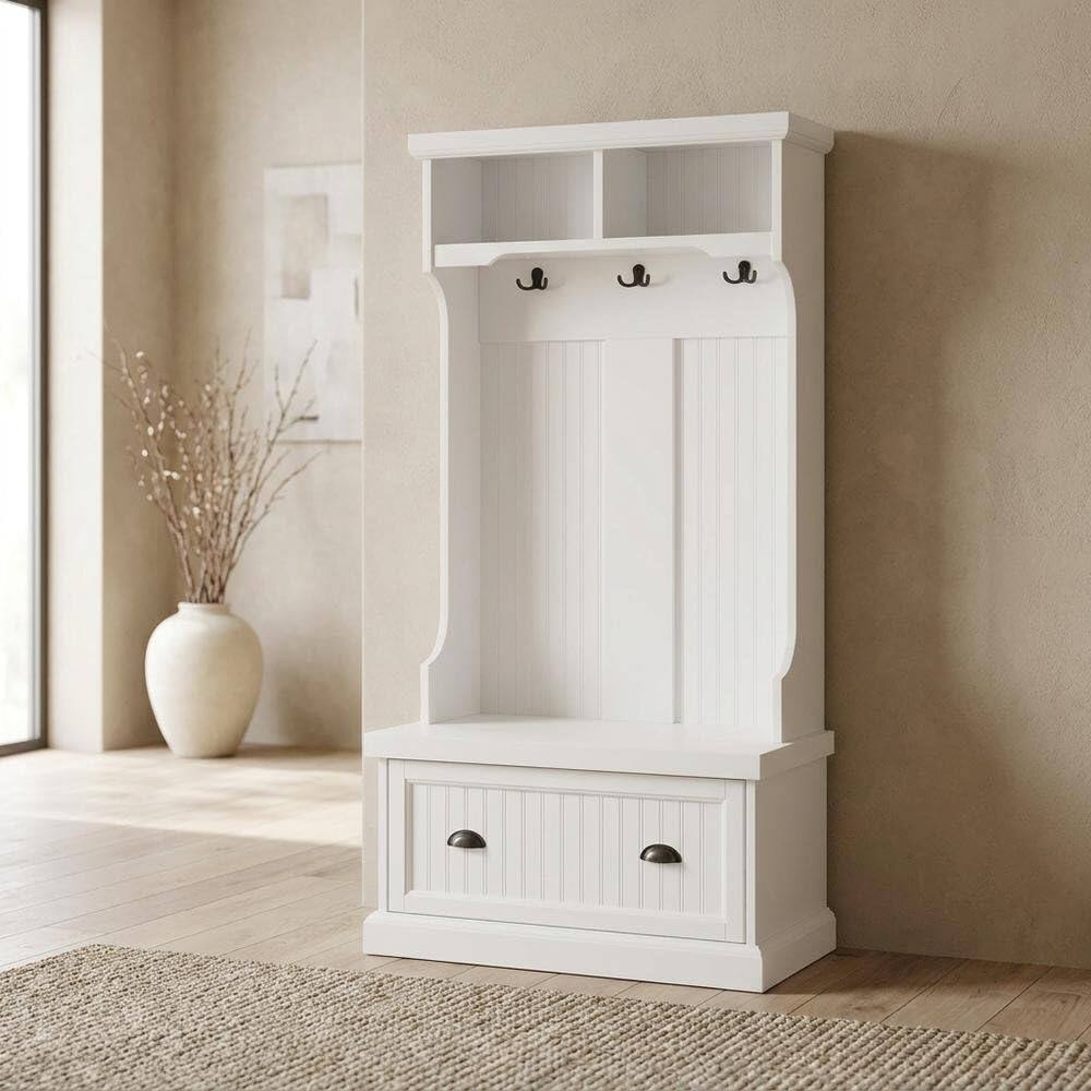 Angle. FurniFact - Wood hall tree with storage bench and coat hooks for entryway - White.