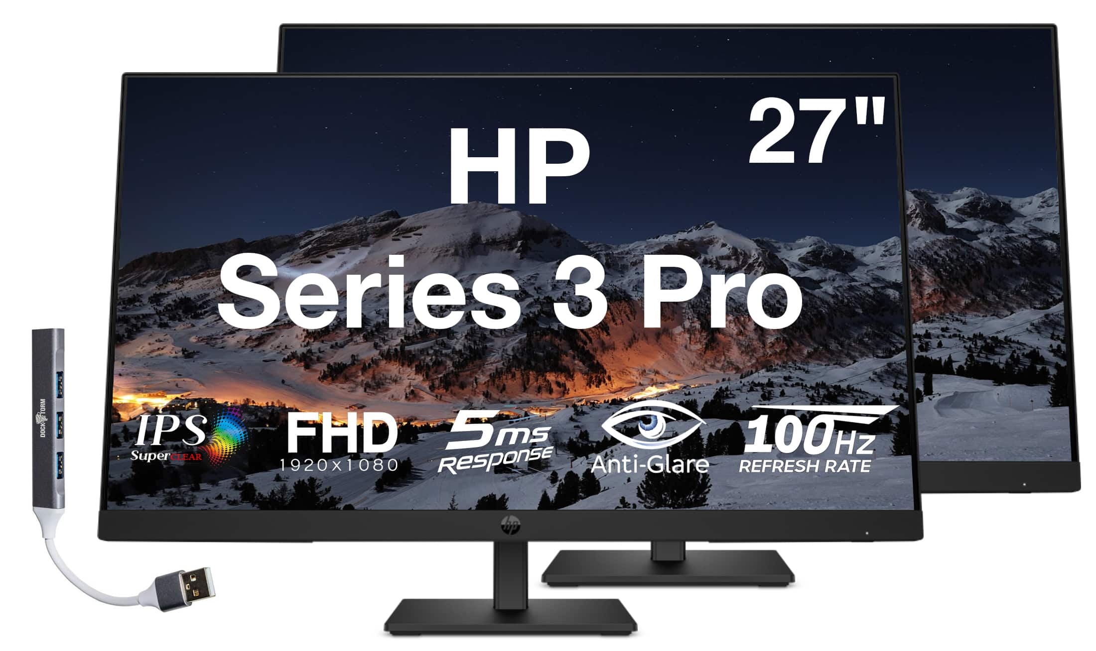 HP - Series 3 Pro 27" FHD IPS Monitor with 5ms Response Time, Anti-Glare, Flicker Free, Displayport, HDMI & DKZ Hub 2 Pack - Black