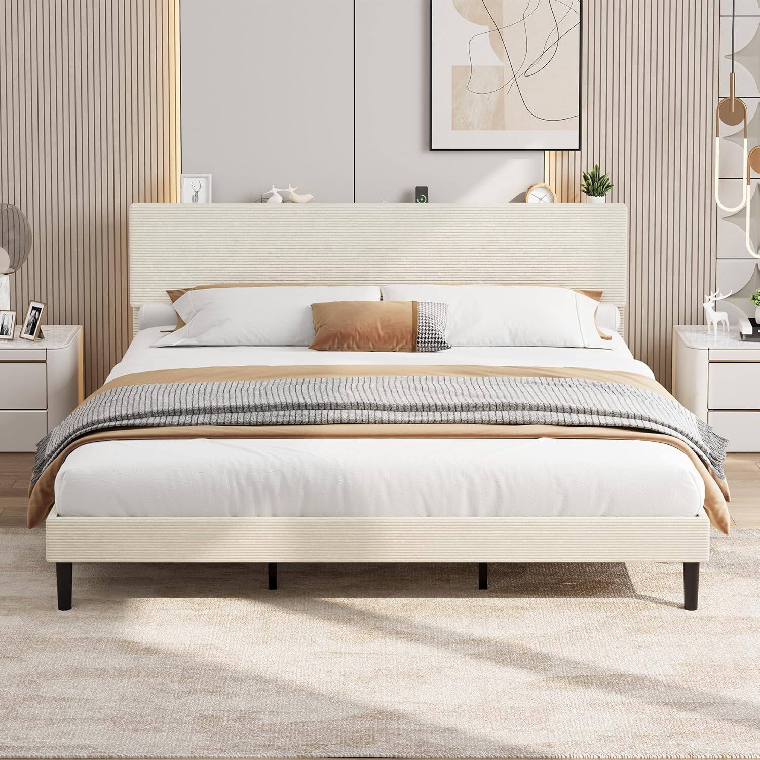 Front. Homhougo - King Size Bed Frame with USB Charging Station, Corduroy Upholstered Platform Bed Frame with Adjustable Storage - Beige.