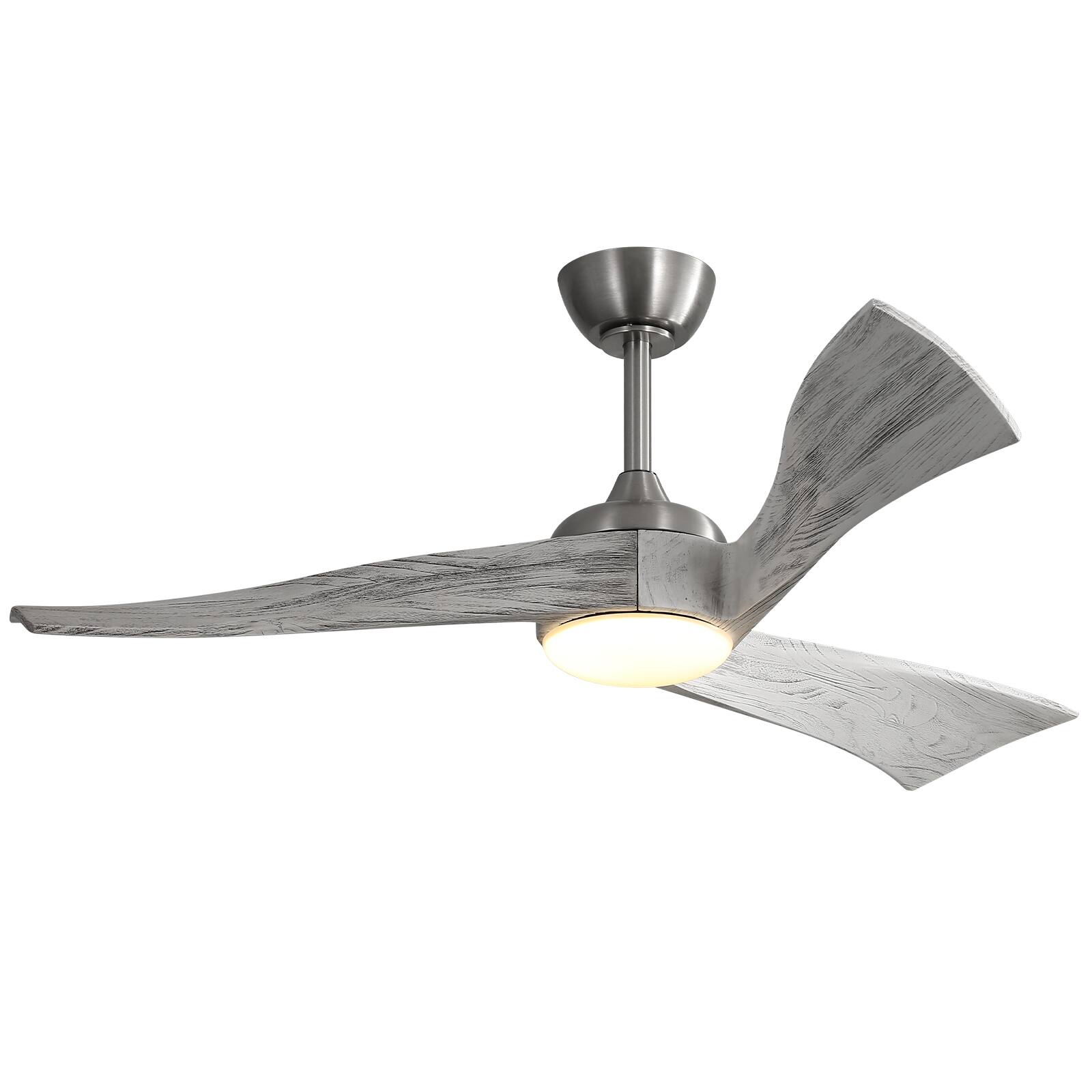 Left. Sofucor - 52'' Curved Solid Wood Ceiling Fan with LED Light and Remote Dimmable 6 Speeds/Quiet DC Grey Wood Bedroom Ceiling Fan - Nickel Grey Wood.