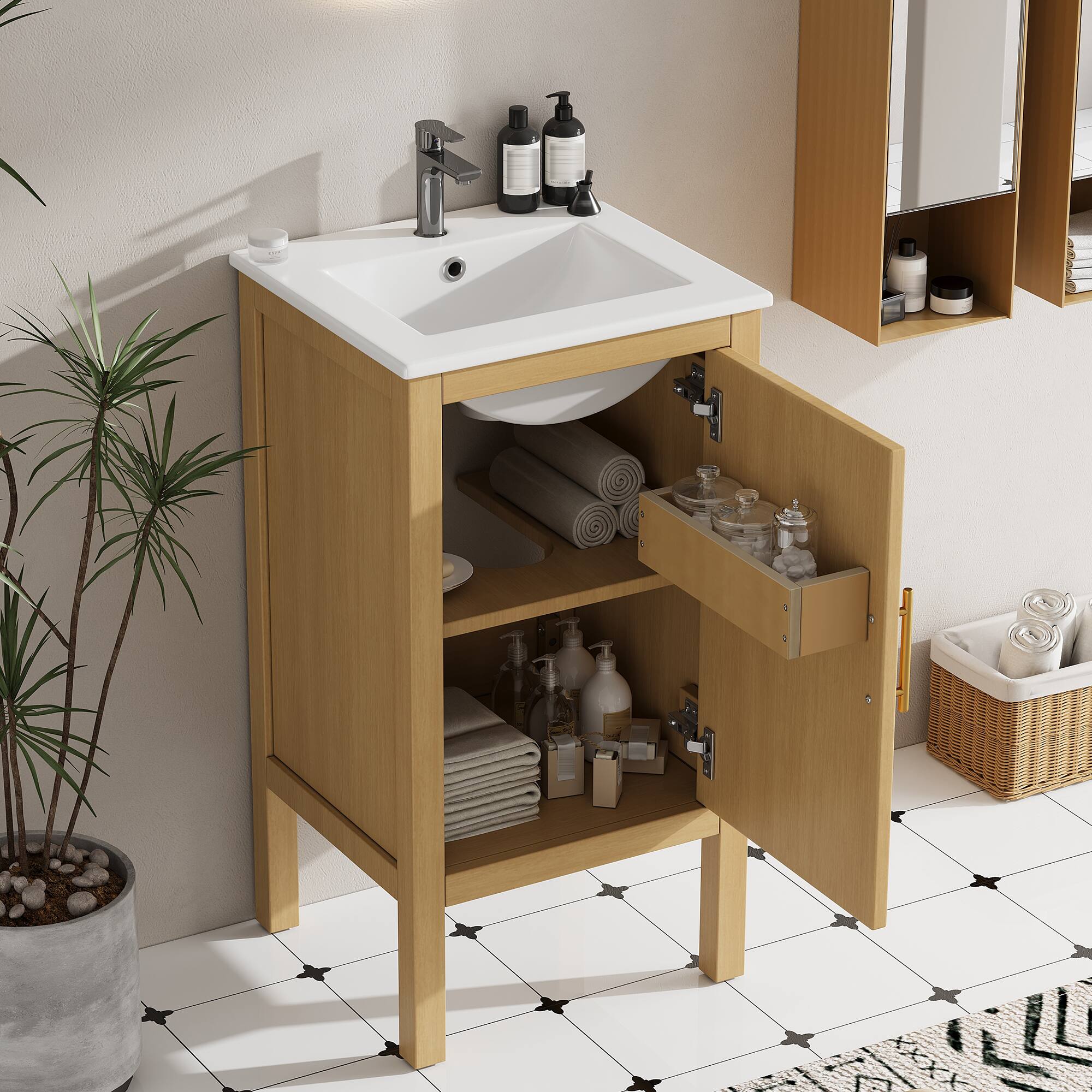 Front. Whisen - 18" Modern Bathroom Vanity with Ceramic Sink, Storage Cabinet with Adjustable Shelf for Small Space - Natural Wood.