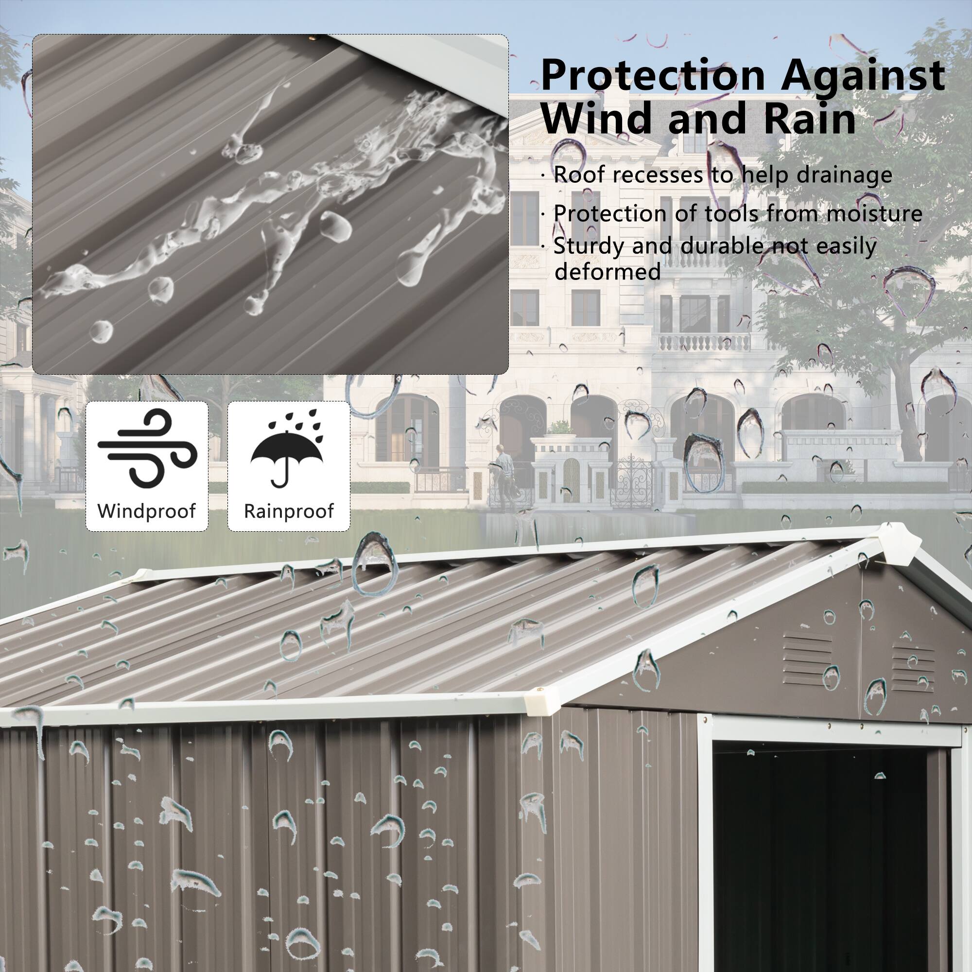 Protection Against Wind and Rain  
- Roof recesses to help drainage  
- Protection of tools from moisture  
- Sturdy and durable, not easily deformed  

Windproof  
Rainproof