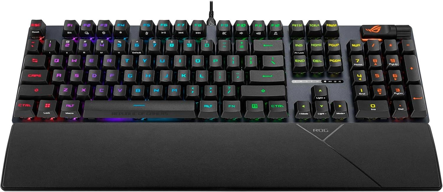 ESC FI F2 F3 F4 F5 F6 F7 FB F9 F10 F11 F12 PRTSC SCALK PAUSE - O I 1  -  1 I C 2  E  - 5  E 7 8 9 ) O INS HOME PGUP NUM / 1 . - ~ V - P LUS G W E R T Y U I O P e 1 a I I END DEL PGDN 7 Home 8 A 9 PGUP CAPS R S D F G H J K L : -- "  Y S 5 A Z X C V B N M ? / Light 1 Ena 2 A E PGUP CTRL Laci ALT Mecra REPUBLIC OF GAMERS ALT FN CTRL Mocia Light AUNCS tvo Dei ROG